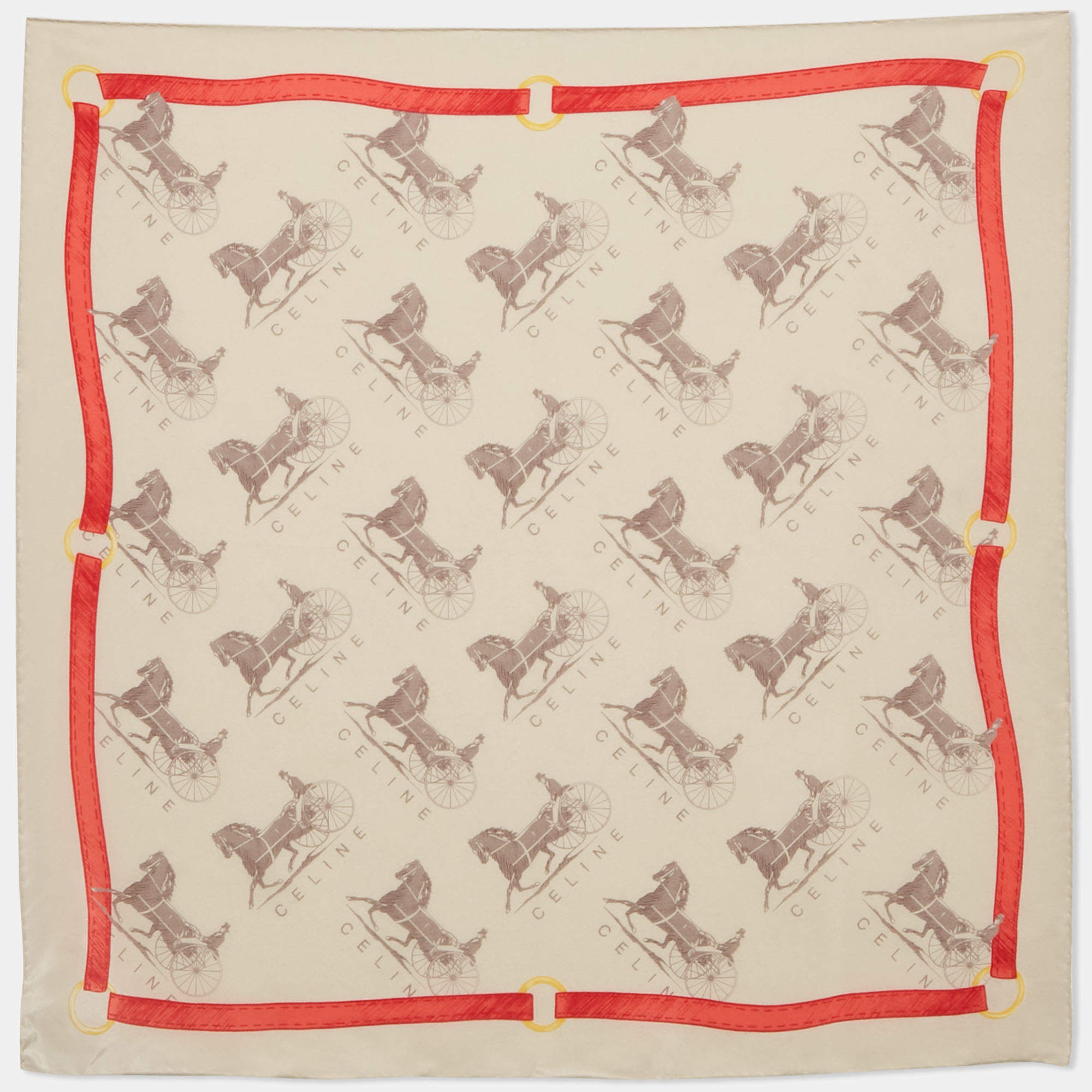 Celine Beige Logo Print Silk Square Scarf