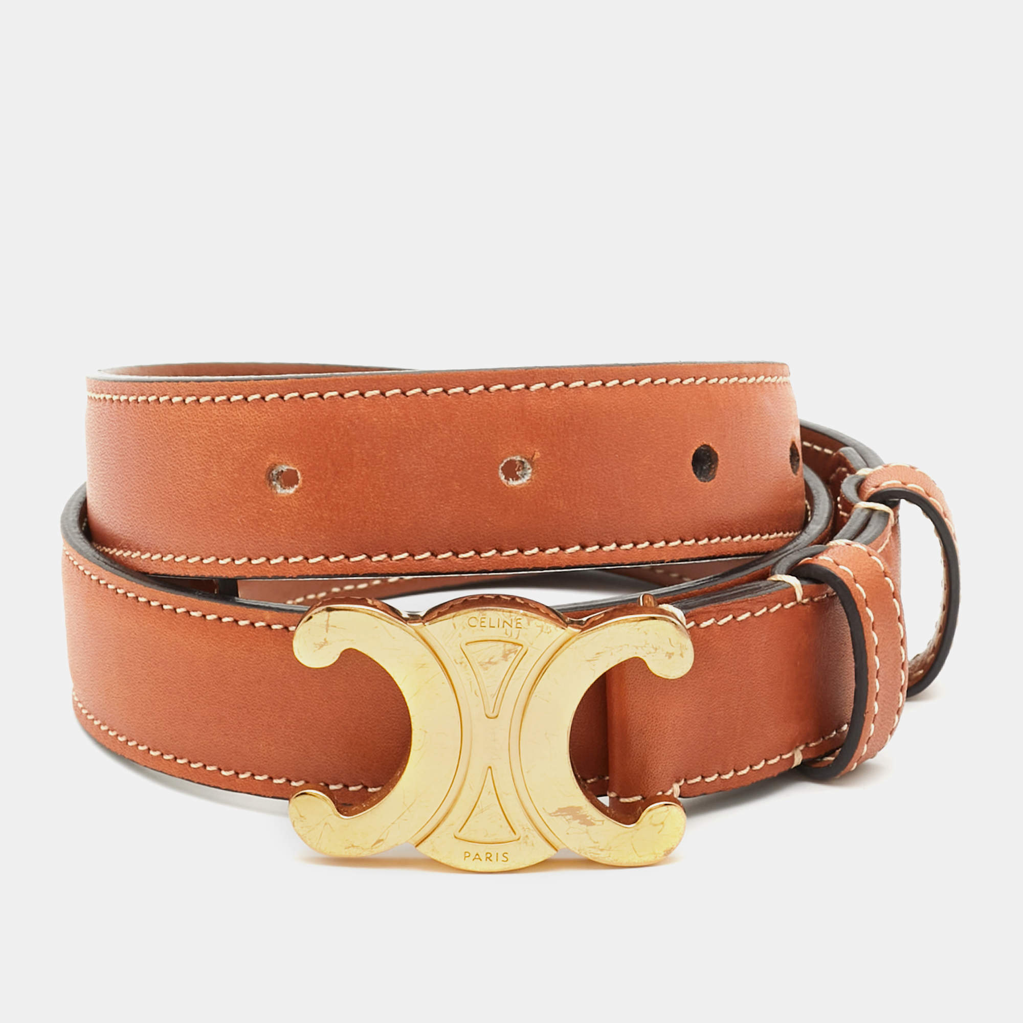 Pre Owned Celine Brown Leather Triomphe Buckle Belt 70CM