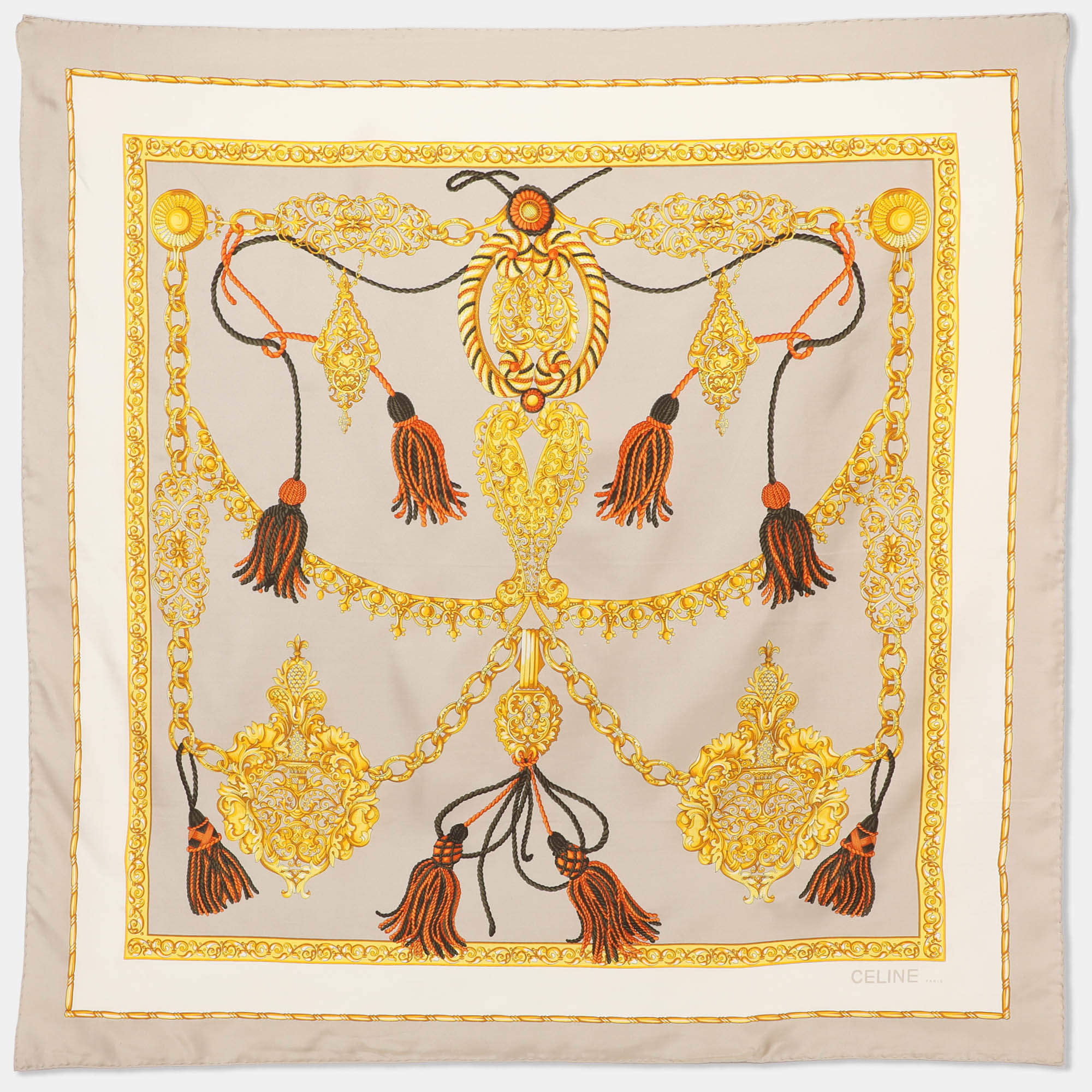 Pre Owned Celine Multicolor Tassel Print Silk Scarf