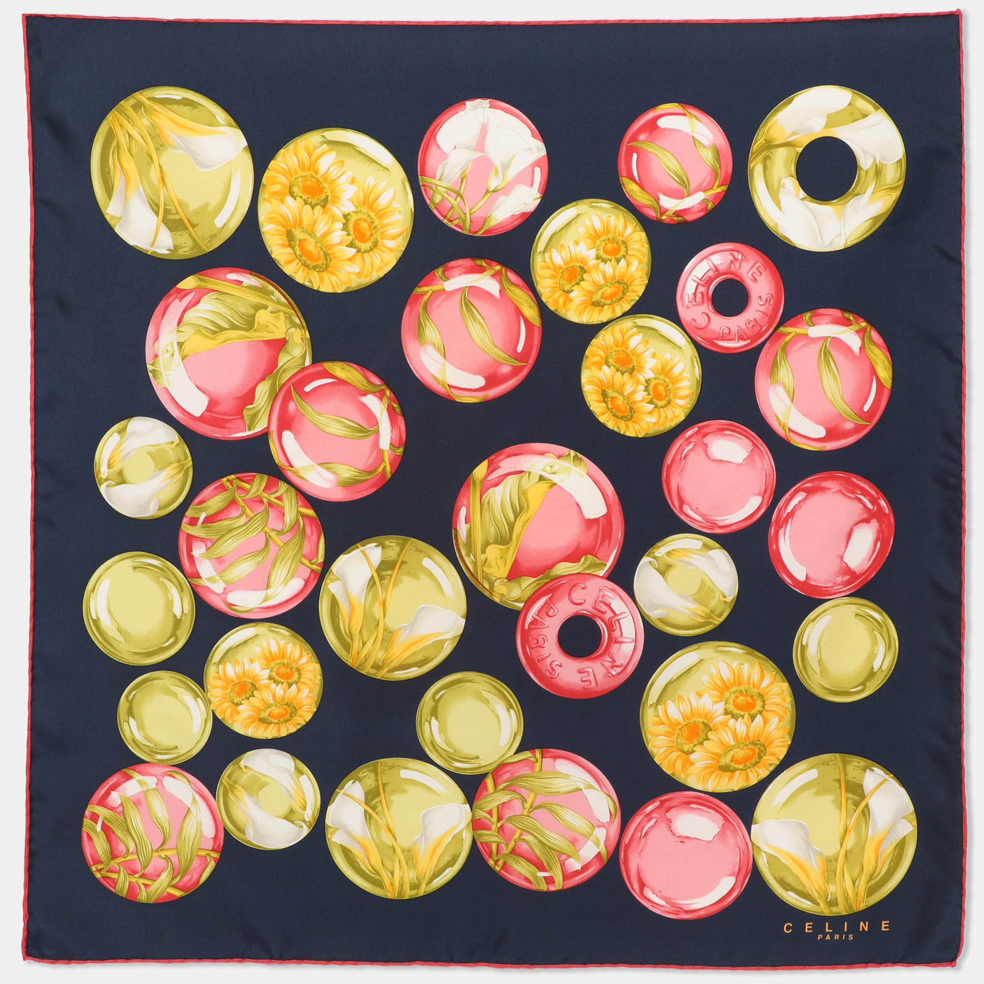 Pre Owned Celine Navy Blue Multicolor Printed Silk Scarf