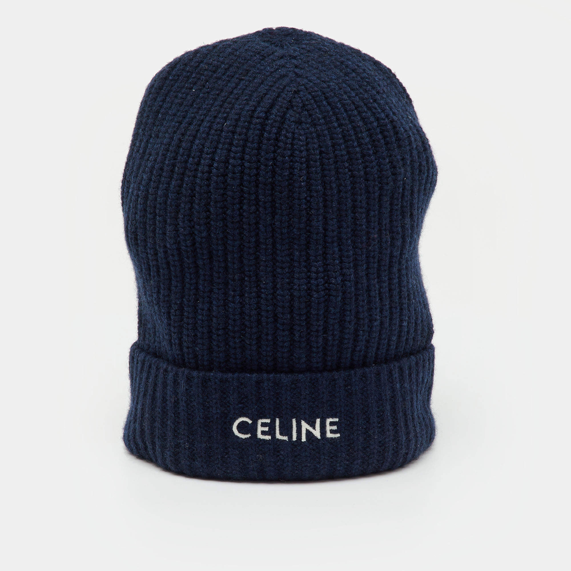 Pre Owned Celine Navy Blue Logo Cashmere Knit Beanie One Size