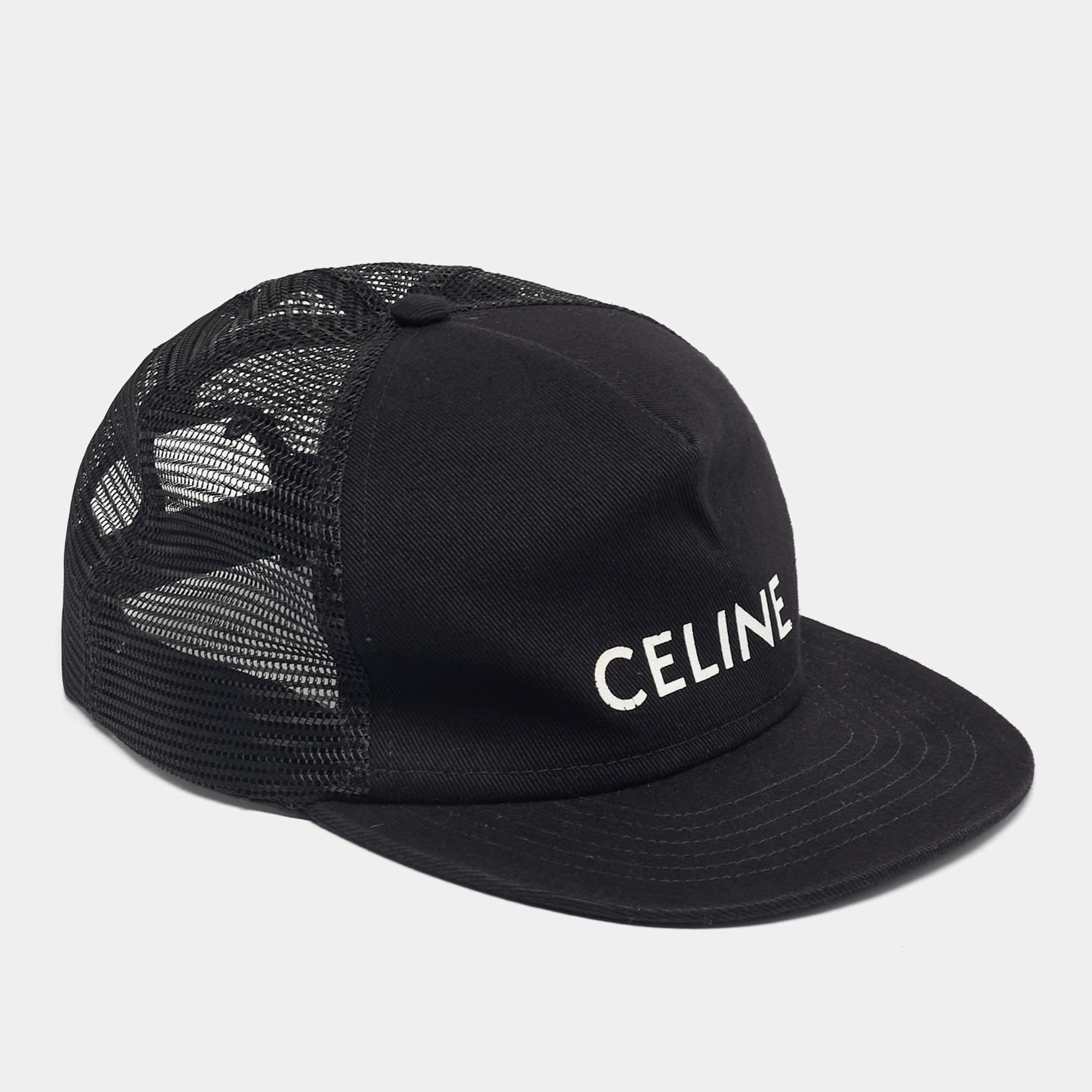 Pre Owned Celine Black Logo Print Cotton Tucker Cap L