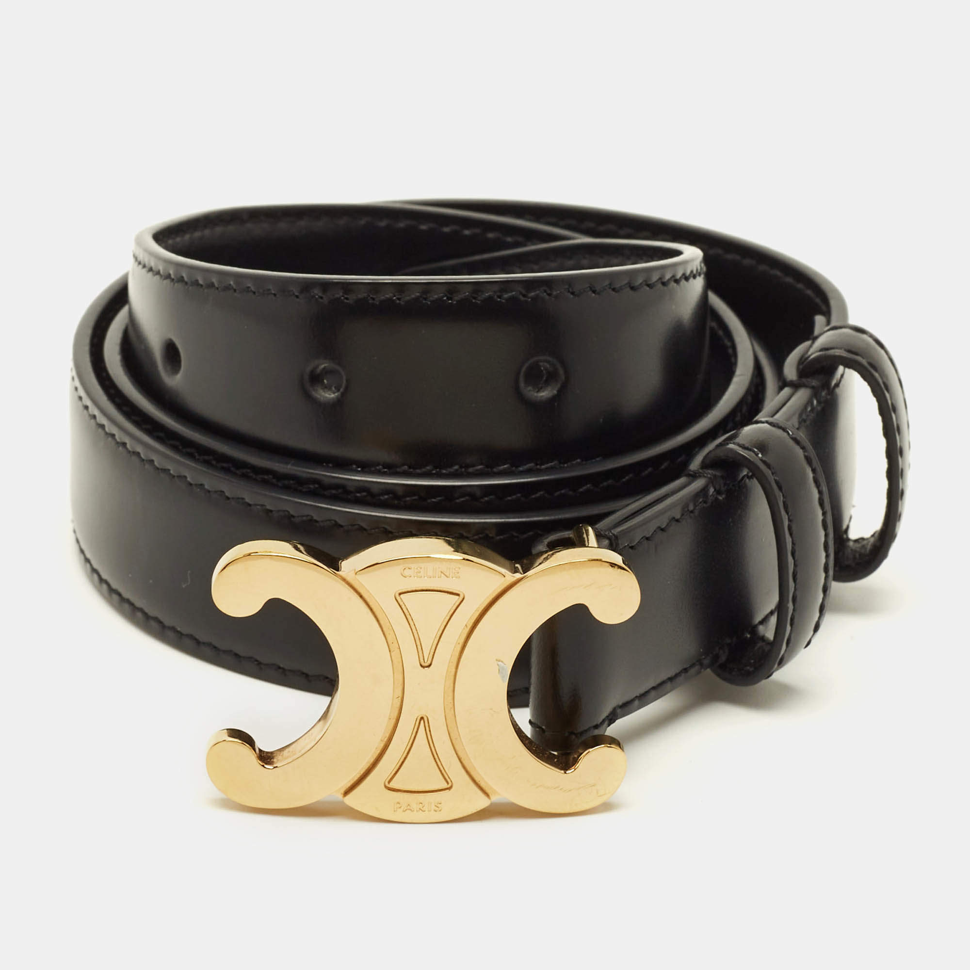 Pre Owned Celine Triomphe 80 CM Buckle Belt Black Leather