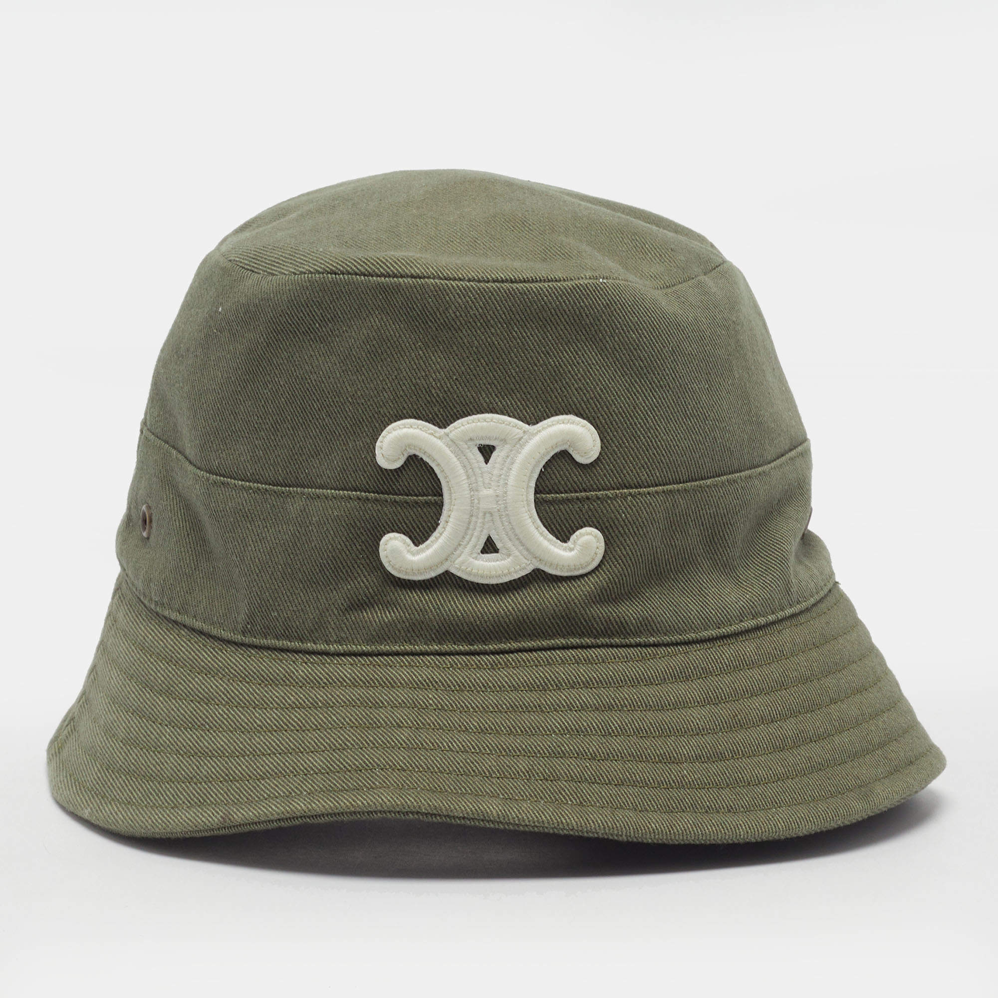 Pre Owned Celine Green Gabardine Logo Embroidered Triomphe Bucket Hat M 