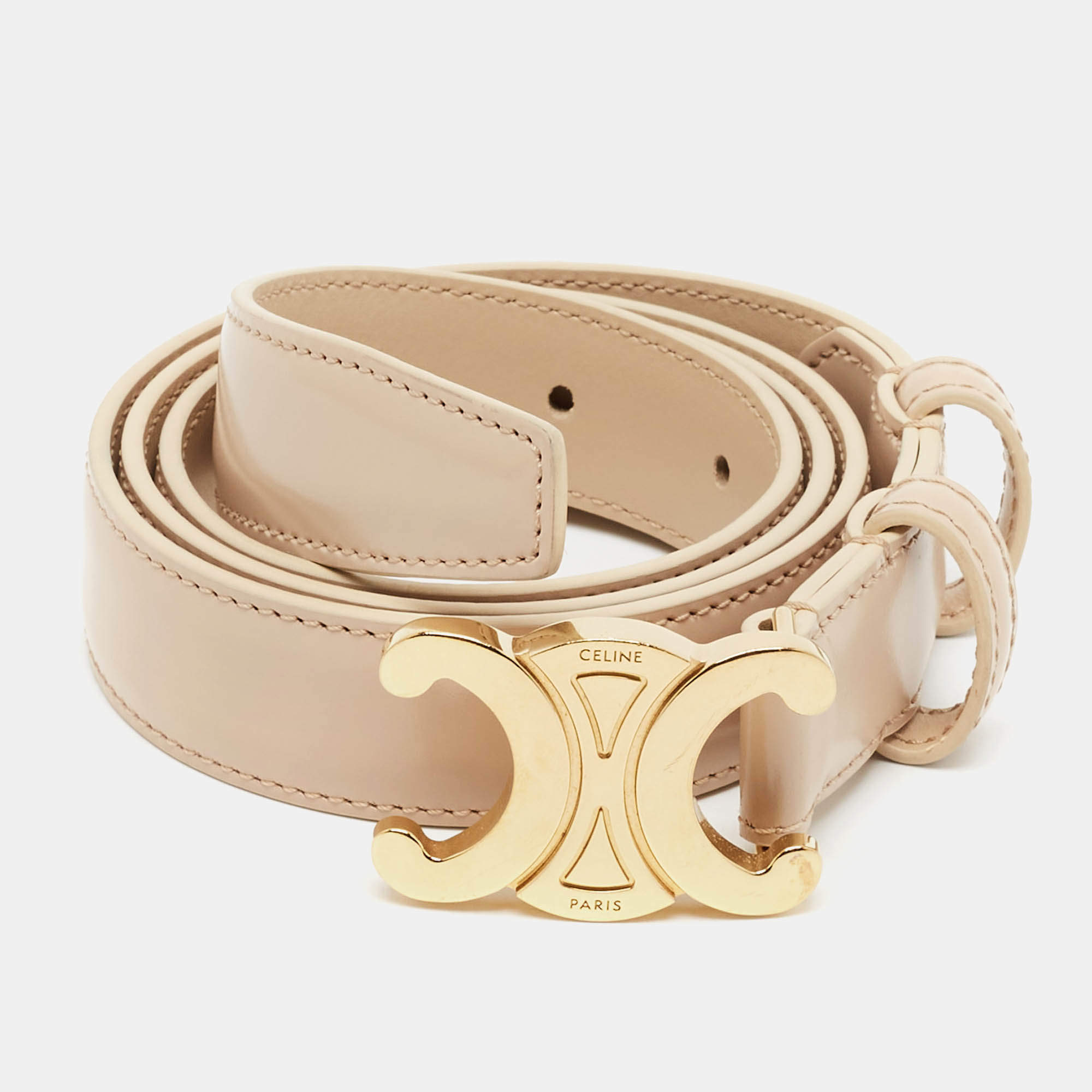 Pre Owned Celine Triomphe 85 CM Buckle Belt Beige Leather