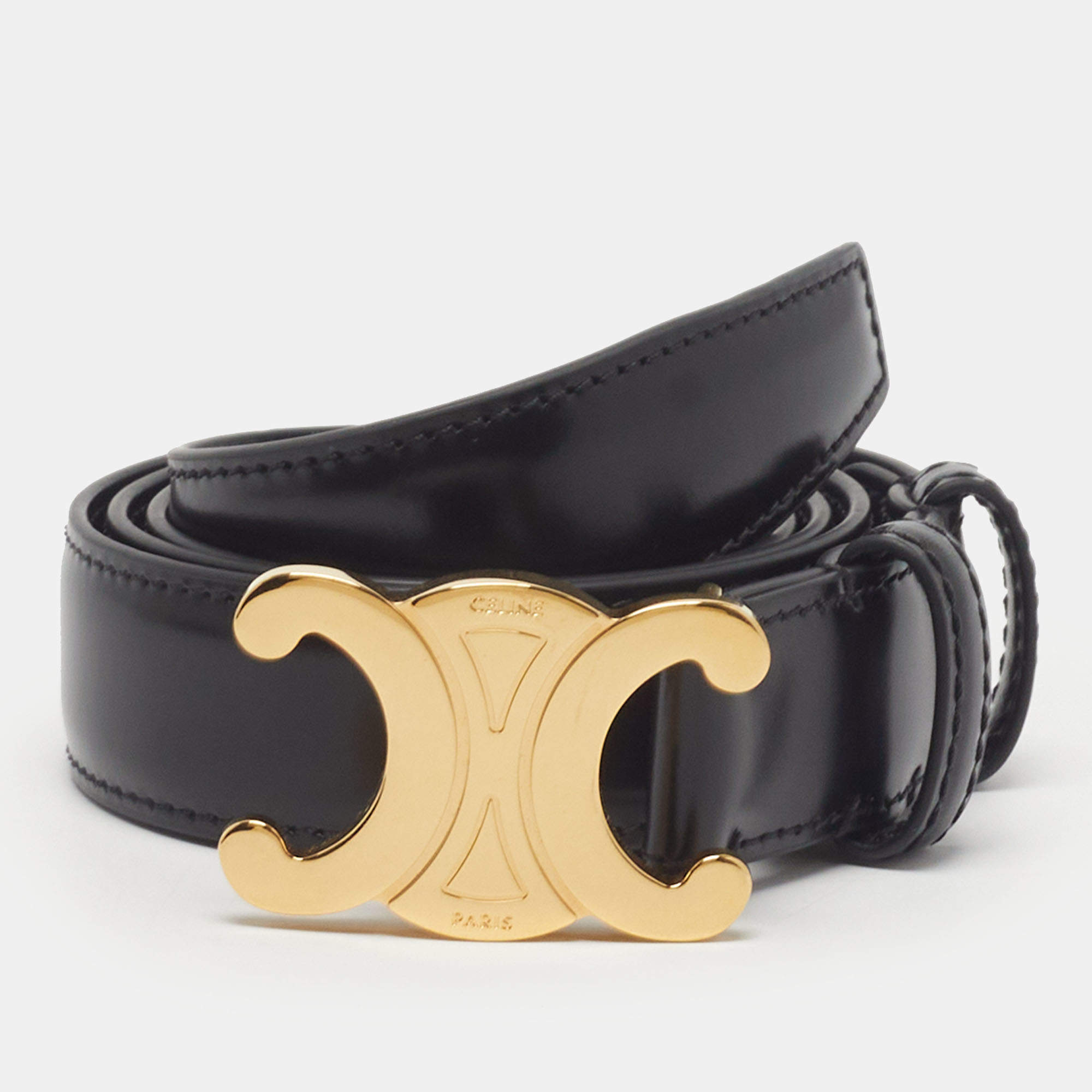 Pre Owned Celine Triomphe 80 CM Buckle Belt Black Leather