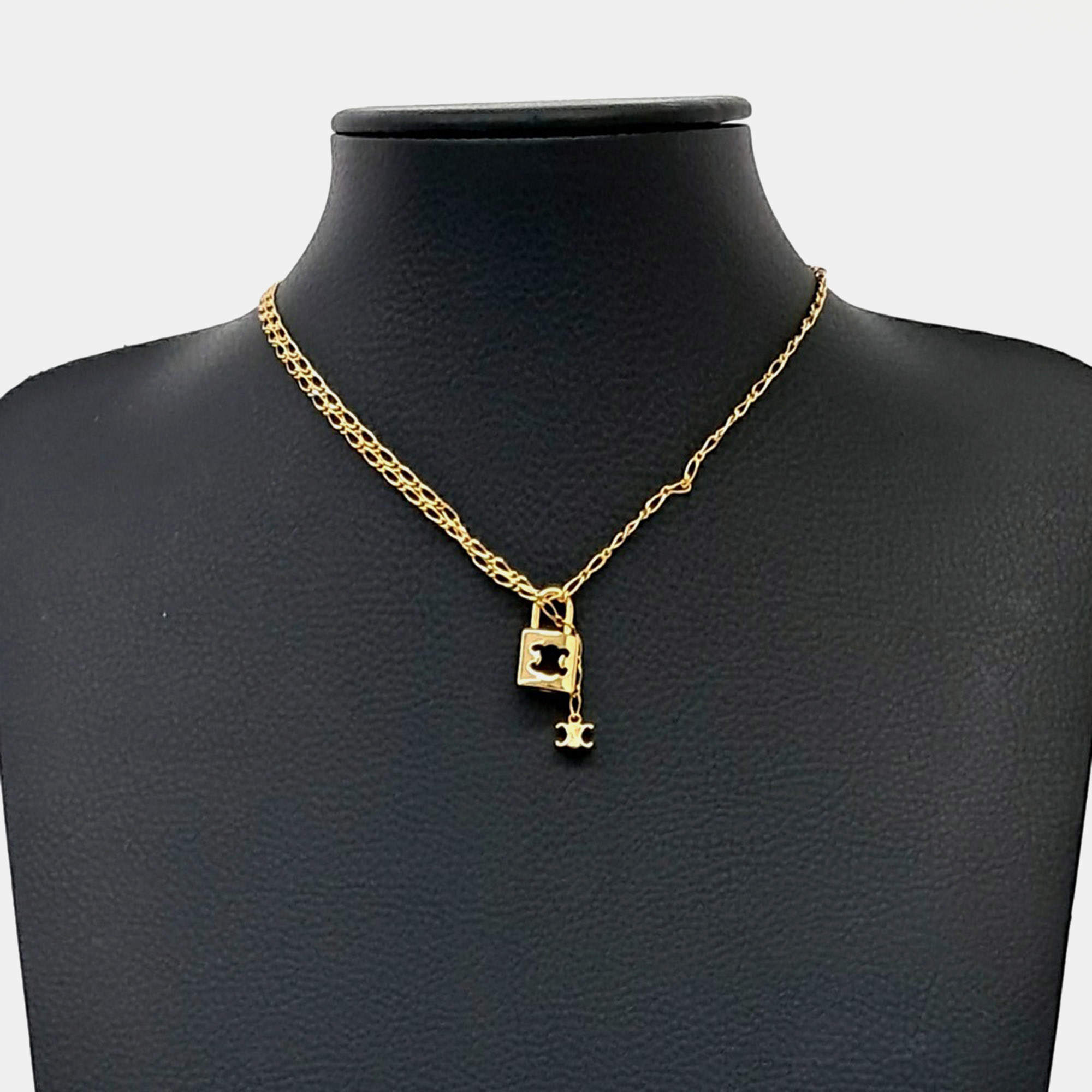 Pre Owned Celine Triomphe Padlock Gold Tone Metal Necklace