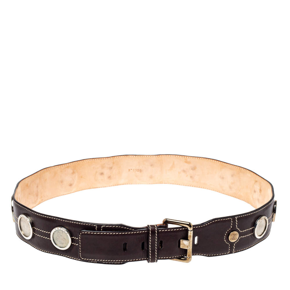 Celine Dark Brown Leather Coin Embellished Belt 90CM