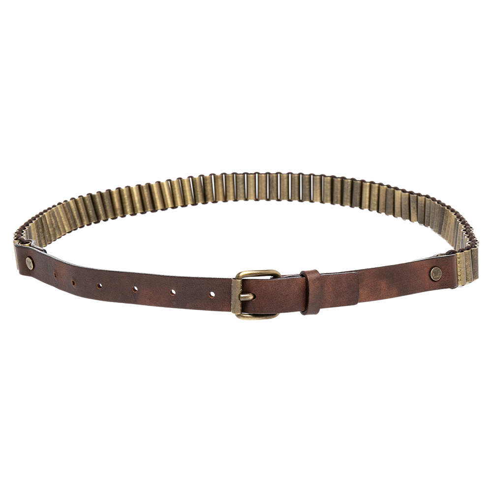 Pre Owned Celine Brown Metal And Leather Waist Belt 75 CM