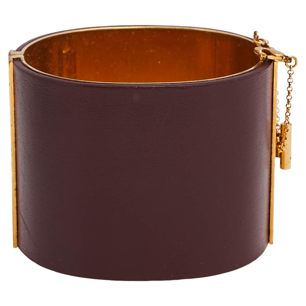 Pre Owned Céline Burgundy Leather Gold Tone Wide Cuff Bracelet M