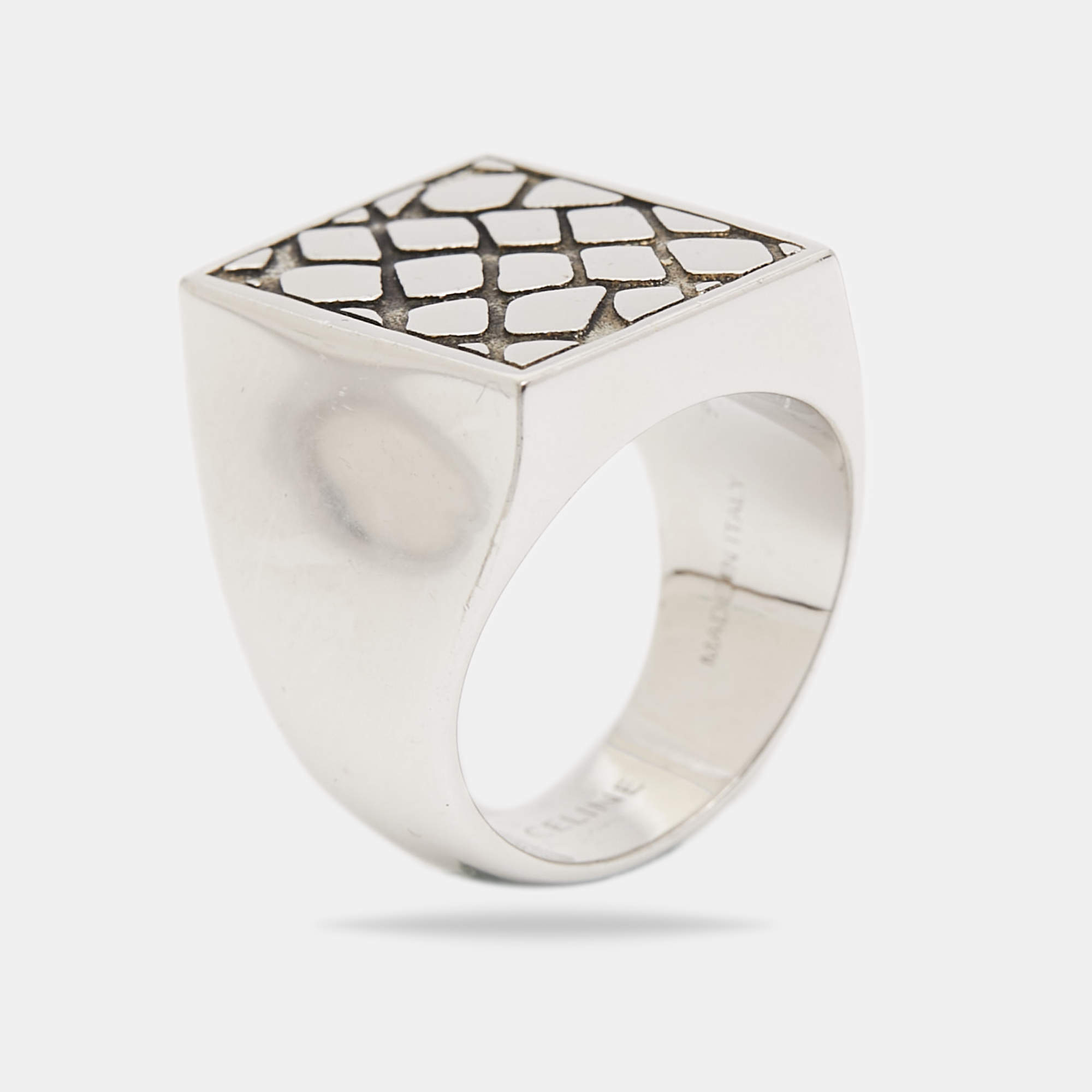 Céline Silver Tone Patterned Square Ring Size EU 54