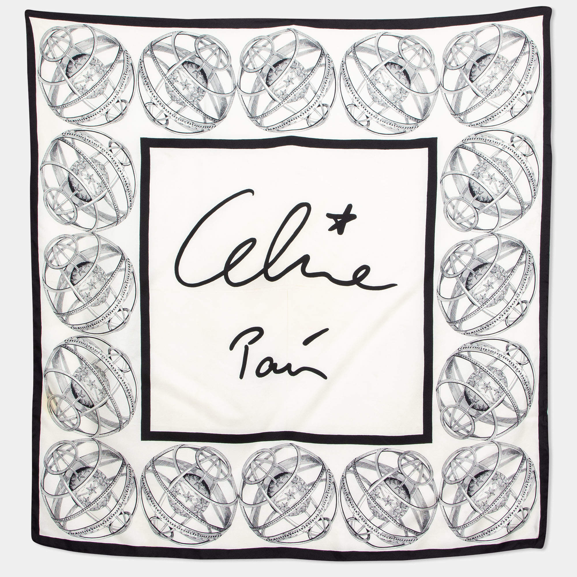 Celine Monochrome Zodiac Logo Print Silk Scarf