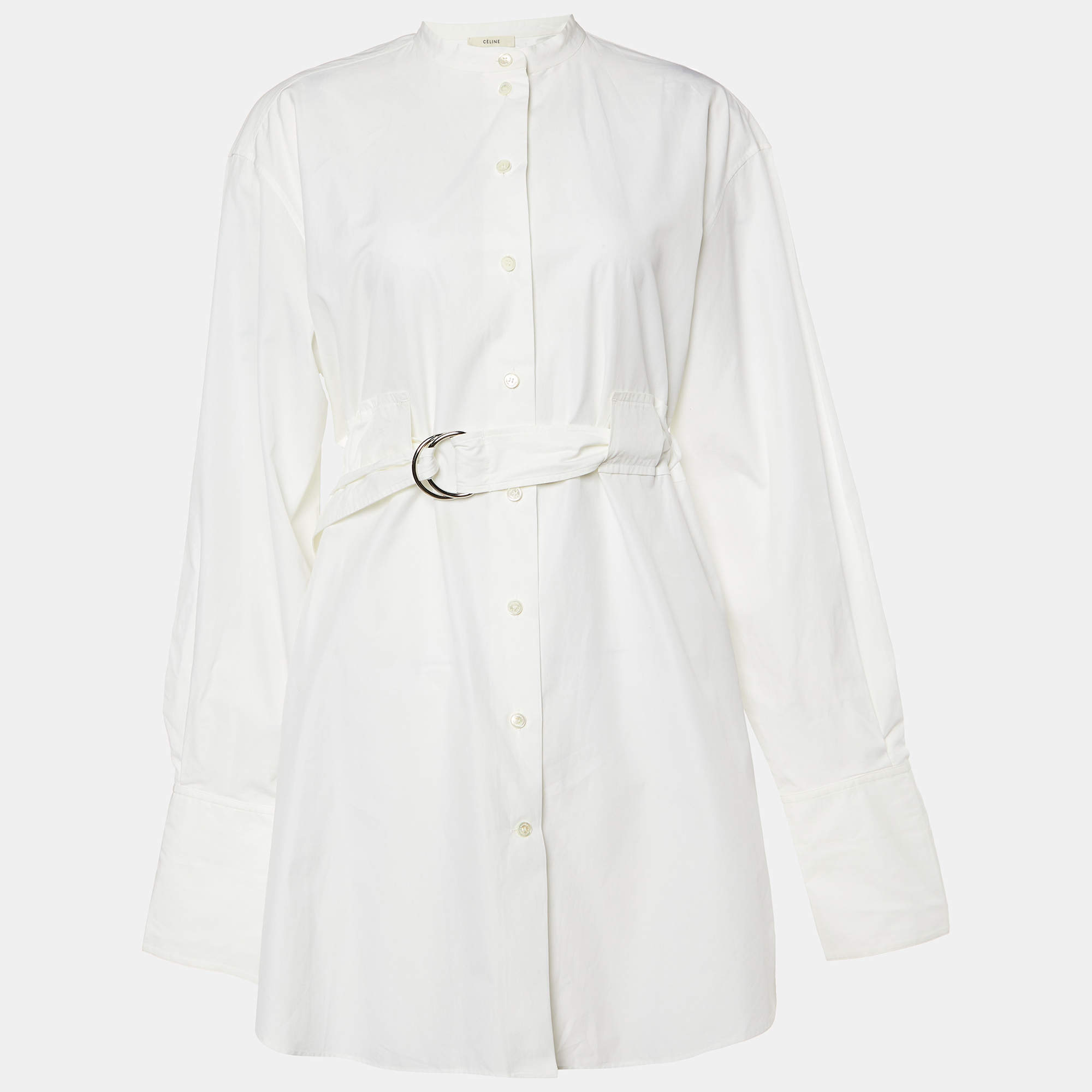 Pre Owned Celine Off-White Cotton Belted Mini Shirt Dress M