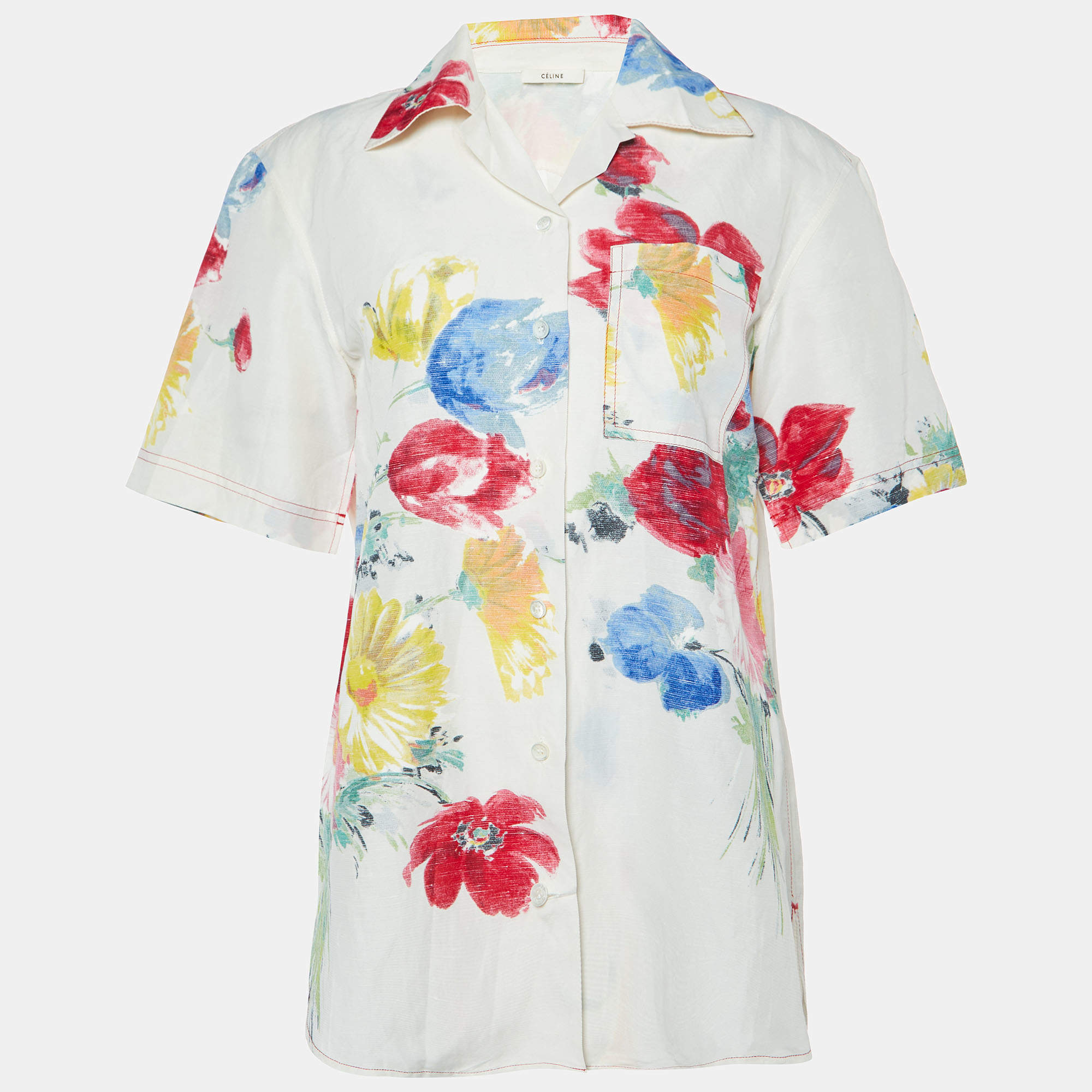 Celine Off White Printed Linen Blend Short Sleeves Shirt S