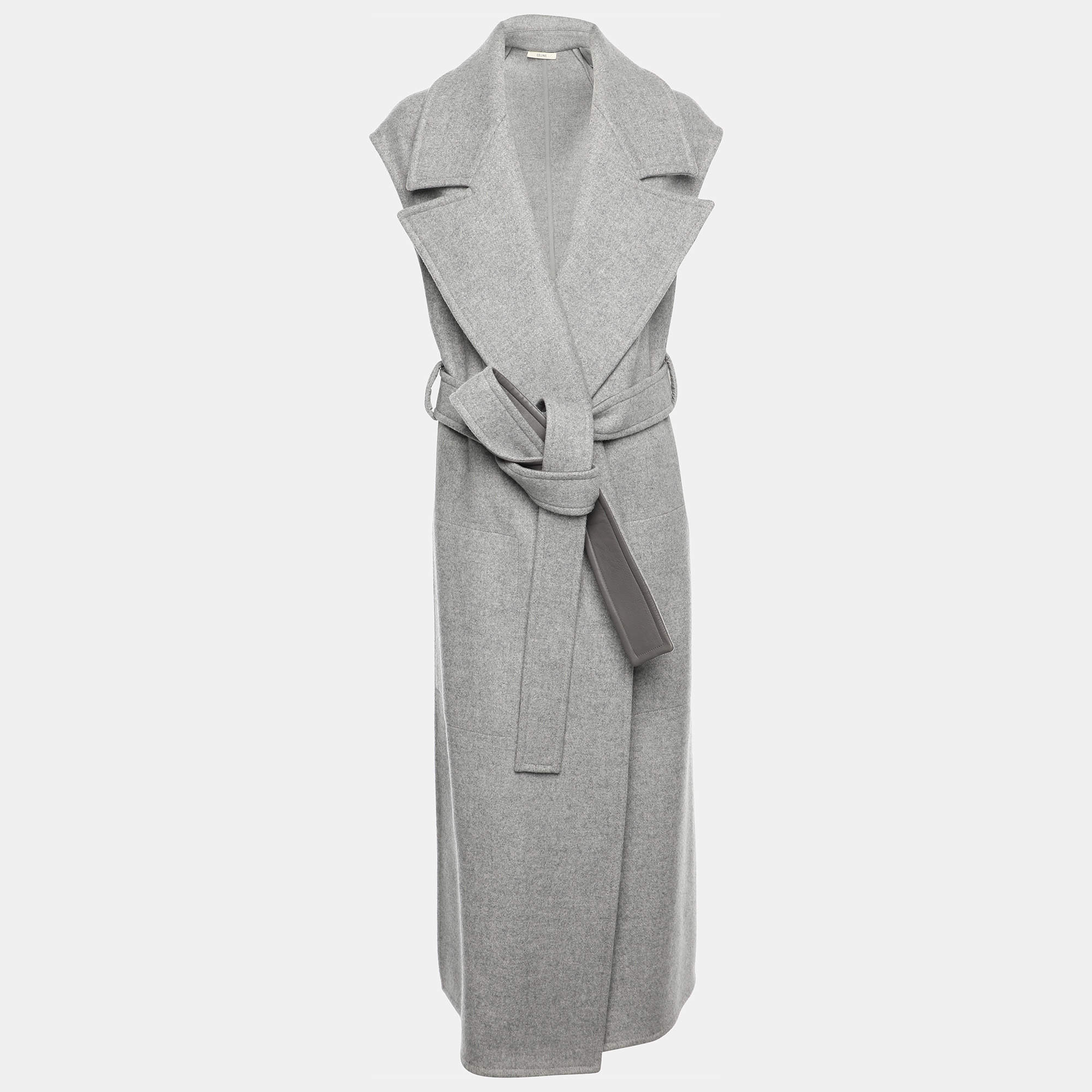 Pre Owned Celine Grey Wool and Leather Side Slit Detailed Belted Coat S