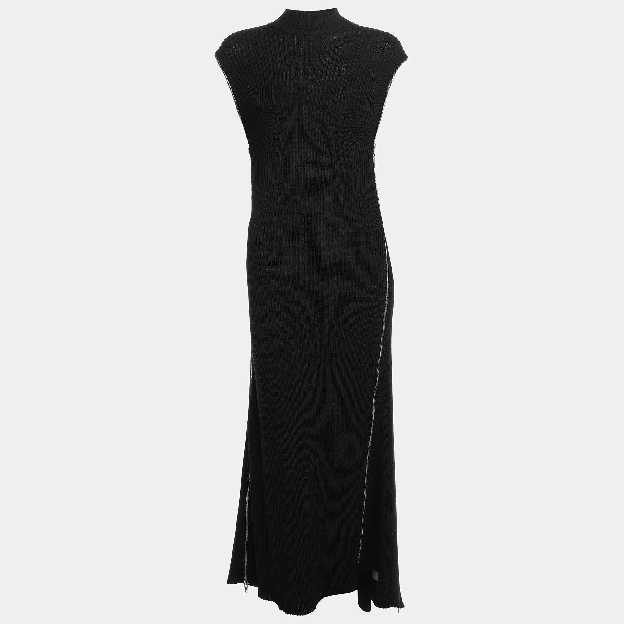 Celine Black Wool and Rib Knit Zip Detail Maxi Dress M
