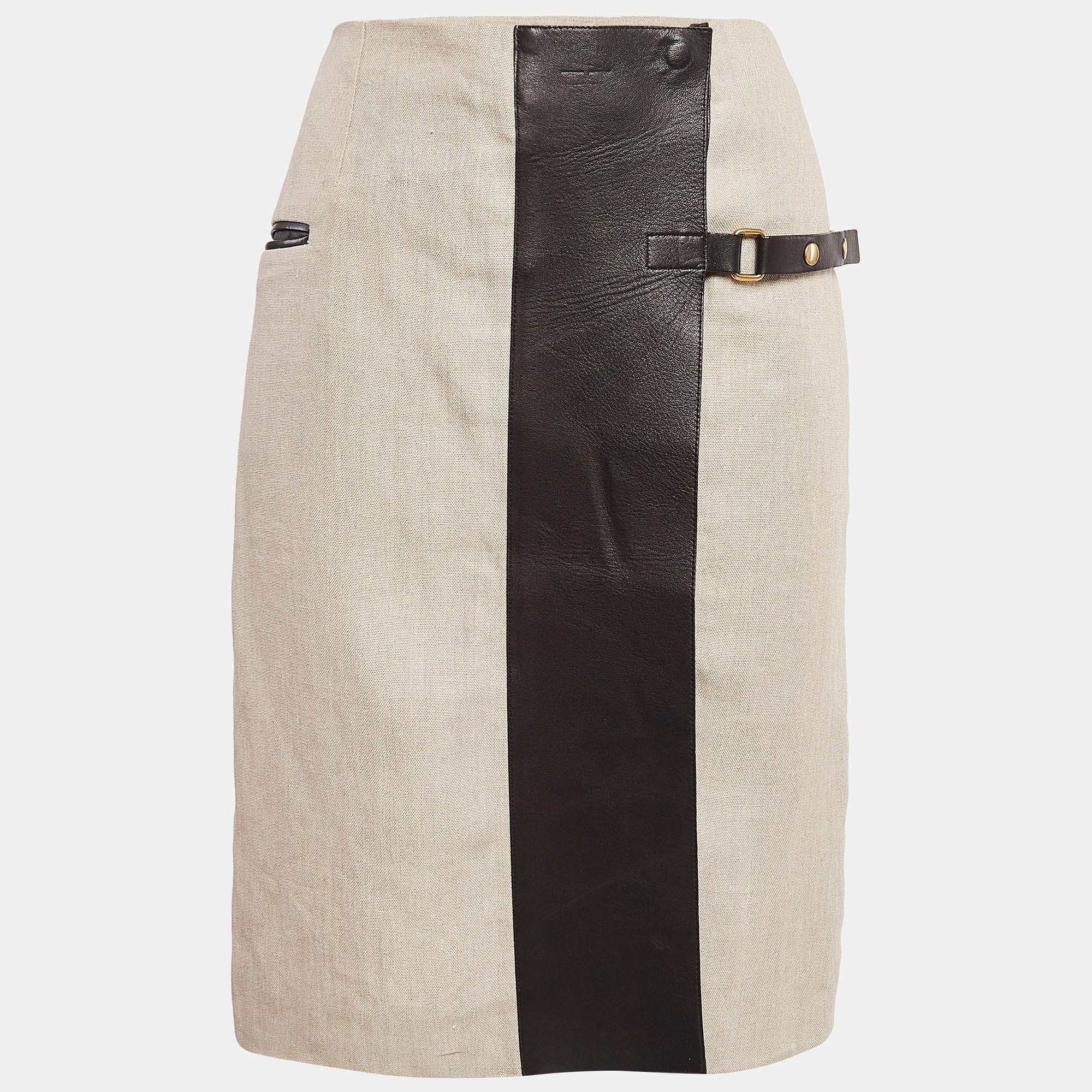 Pre Owned Celine Beige Linen & Leather Paneled Wrap Skirt M