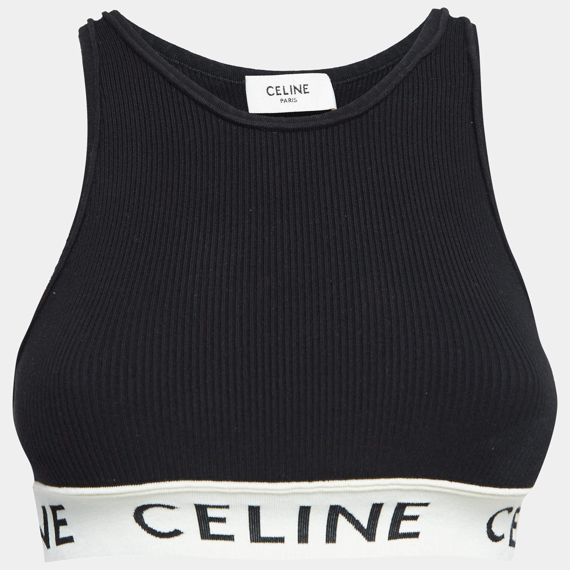 Celine Black Rib Knit Logo Tape Detail Crop Tank Top S