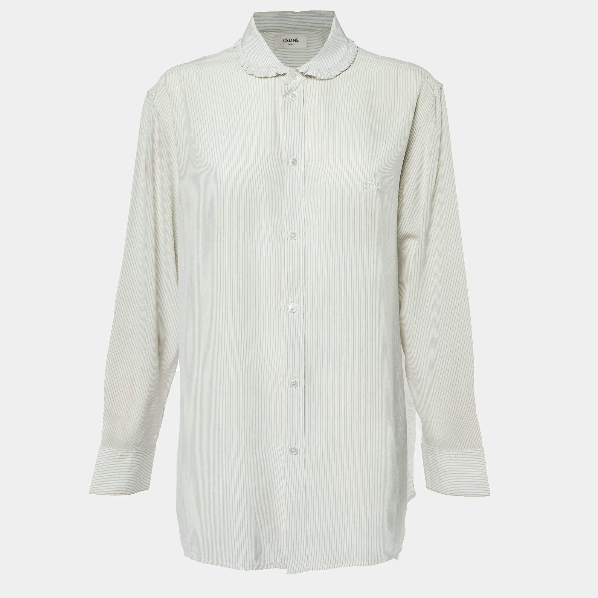 Celine White/Blue Striped Silk Boyfriend Shirt L