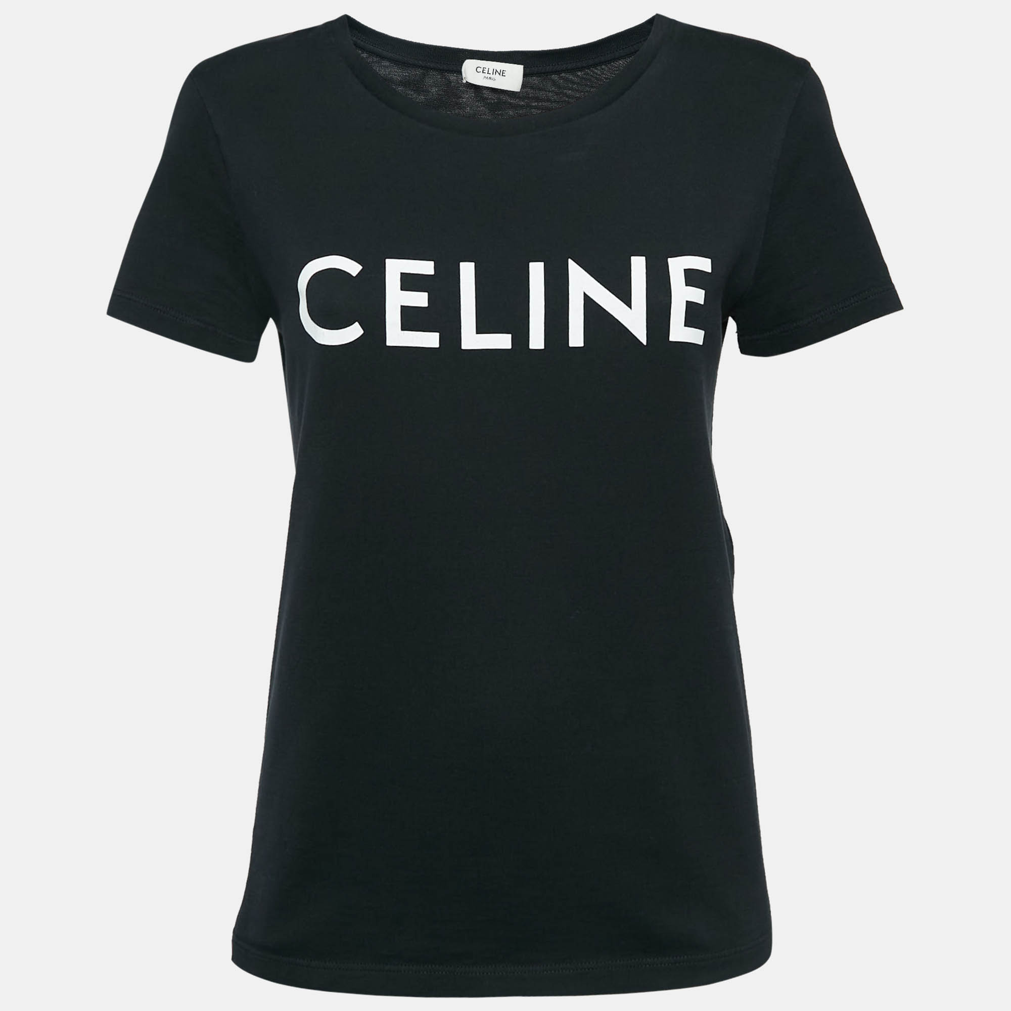 Celine Black Logo Print Cotton Crew Neck T-Shirt S