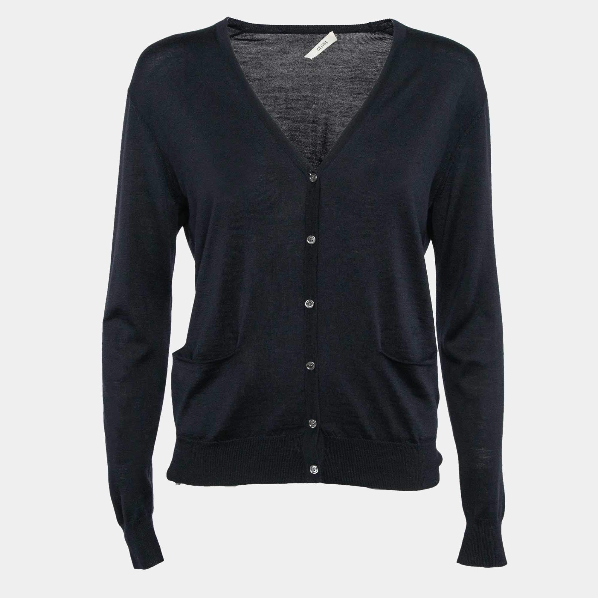 Celine Navy Blue Wool Blend Button Front Cardigan XS