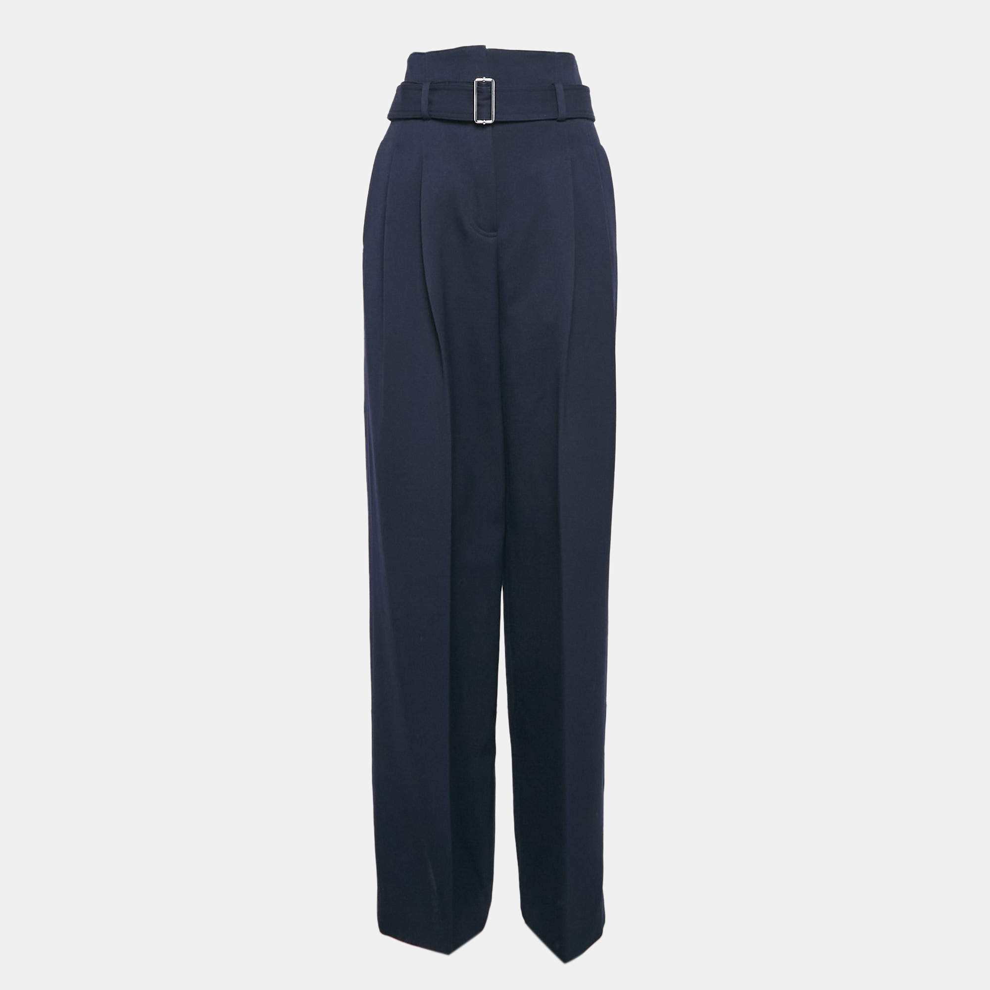 Pre Owned Celine Navy Blue Gabardine Belted High-Rise Pants S