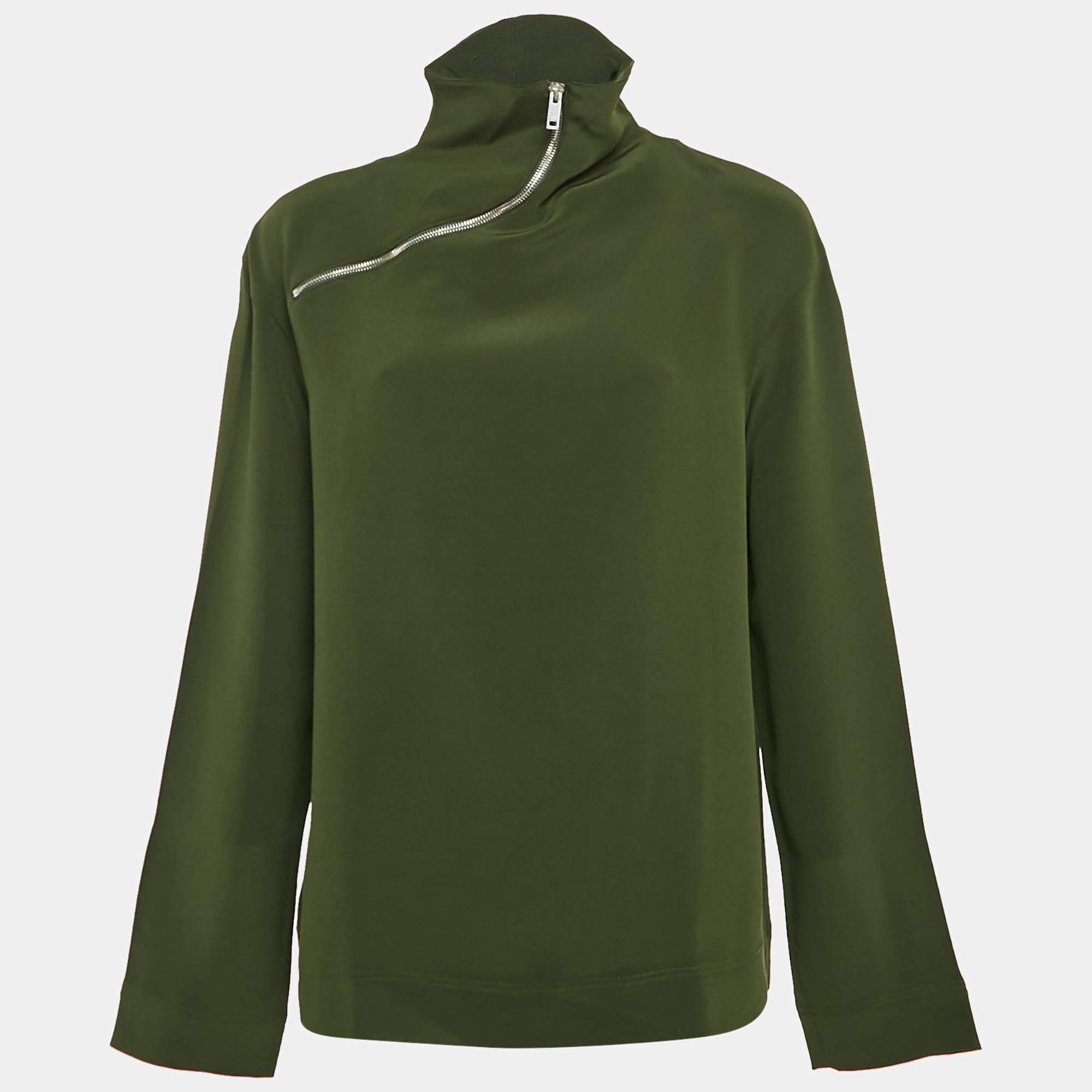 Pre Owned Celine Green Silk Zip Detail High Neck Top M