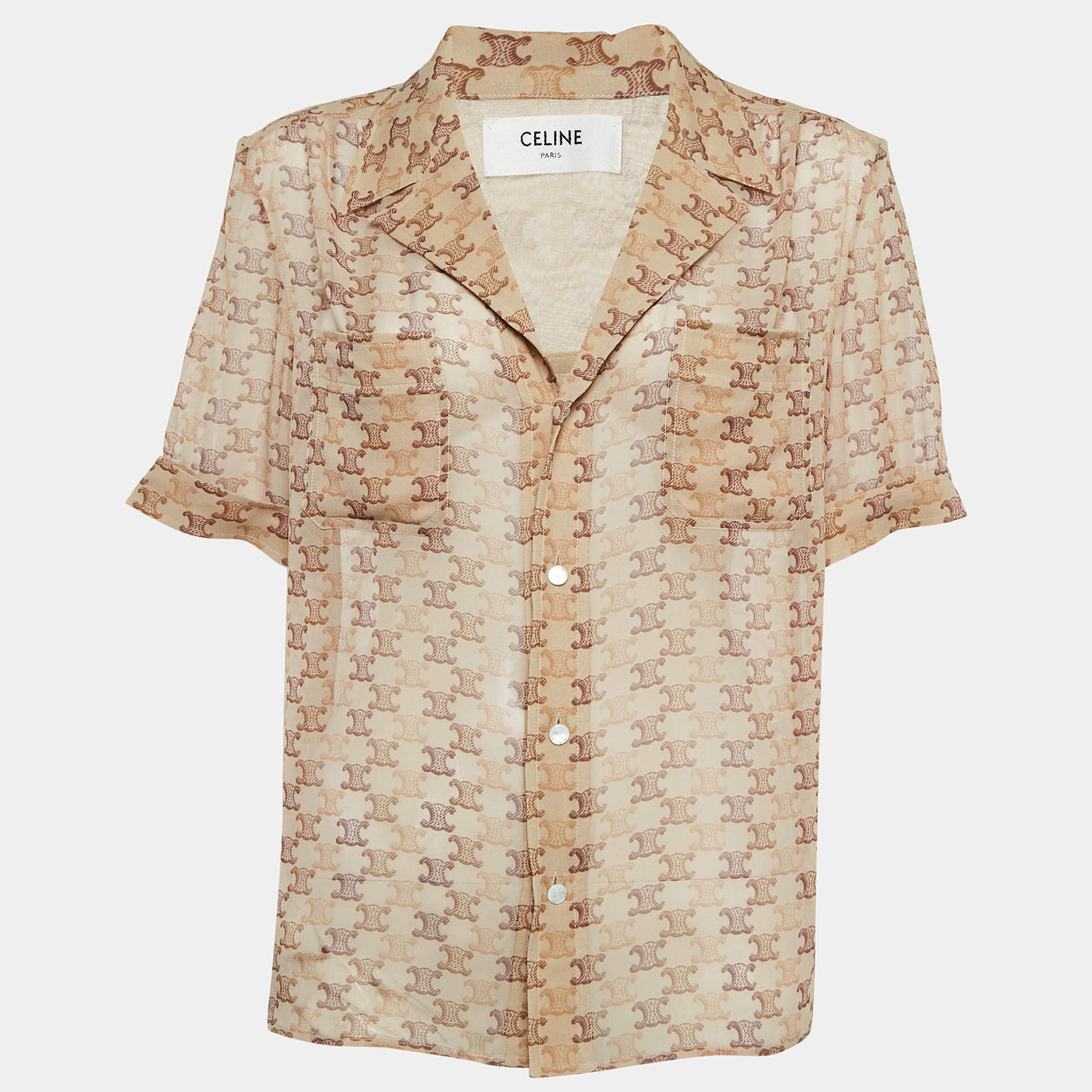 Celine Brown Monogram Print Silk Shirt M