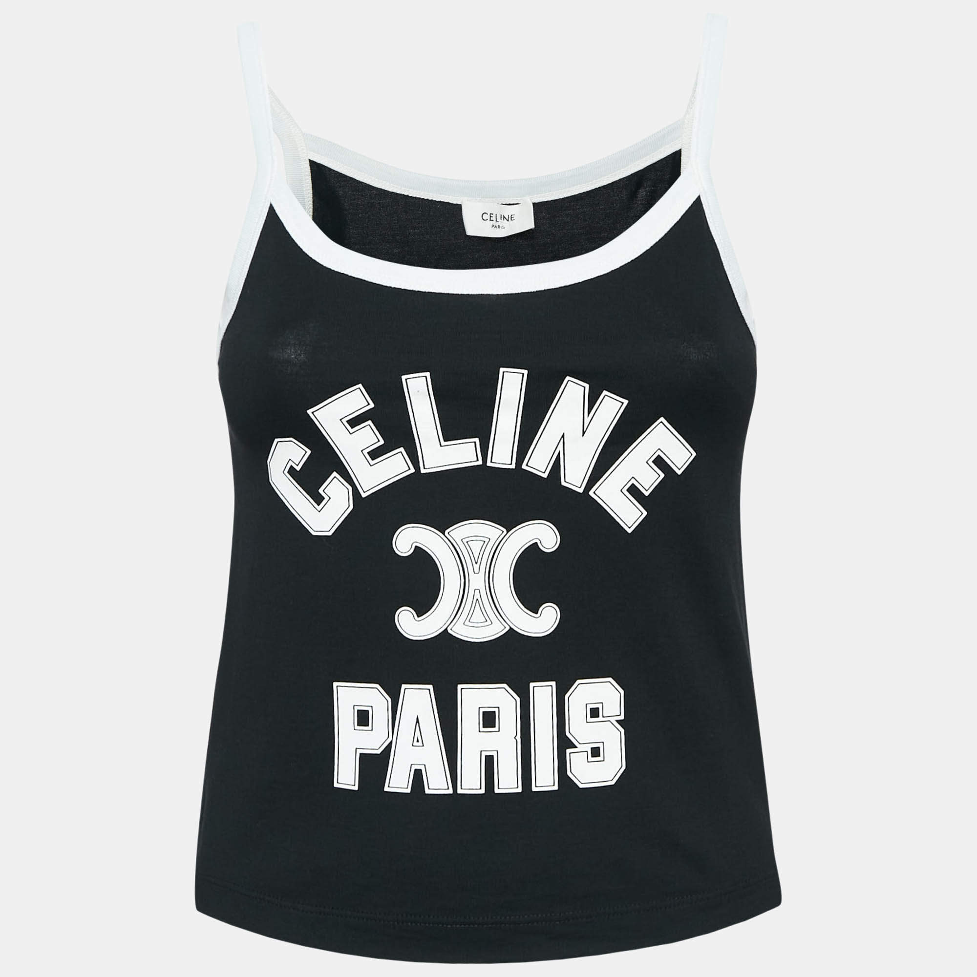 Pre Owned Celine Black Logo Print Cotton Knit Camisole XS