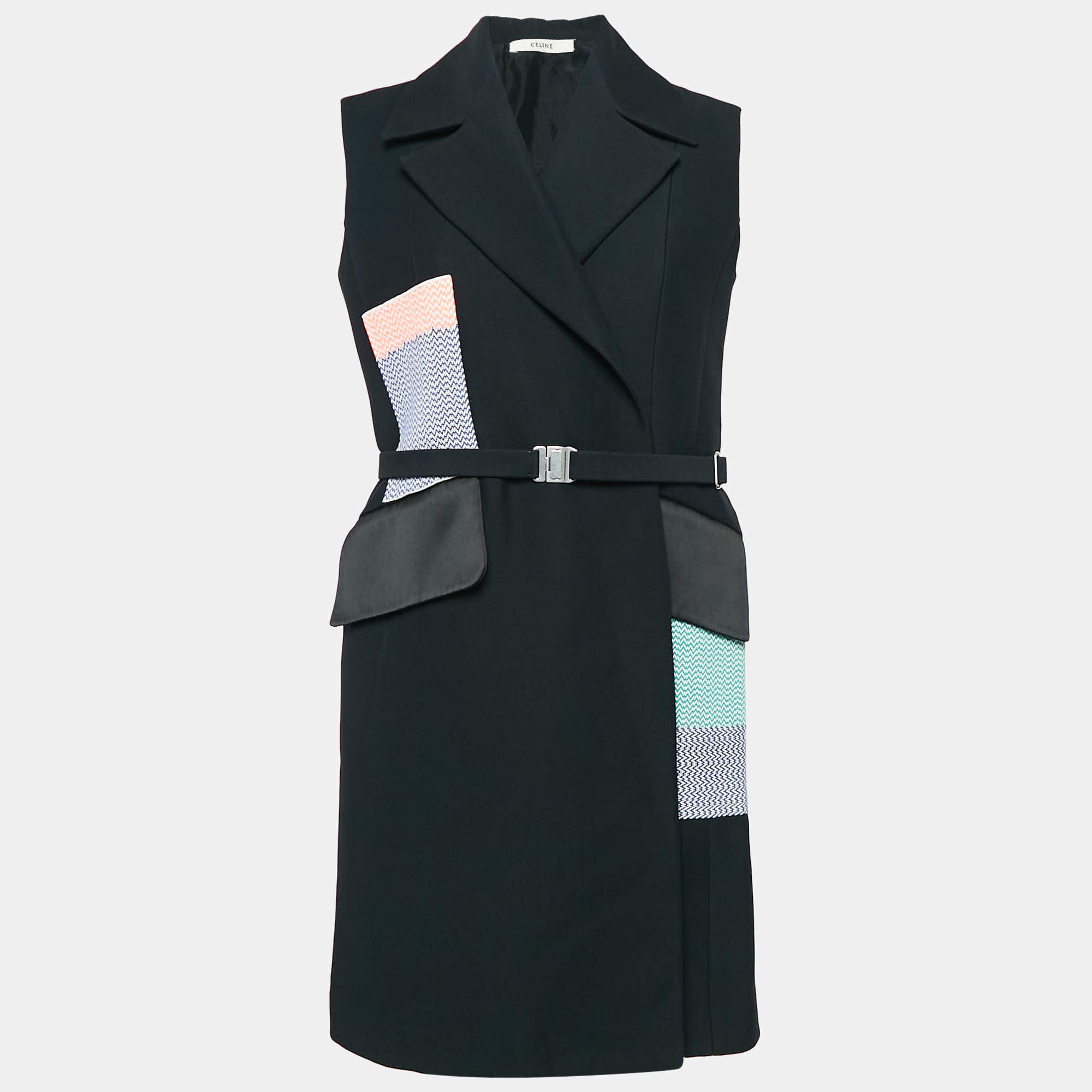 Celine Black Patchwork Detail Wool Sleeveless Coat S