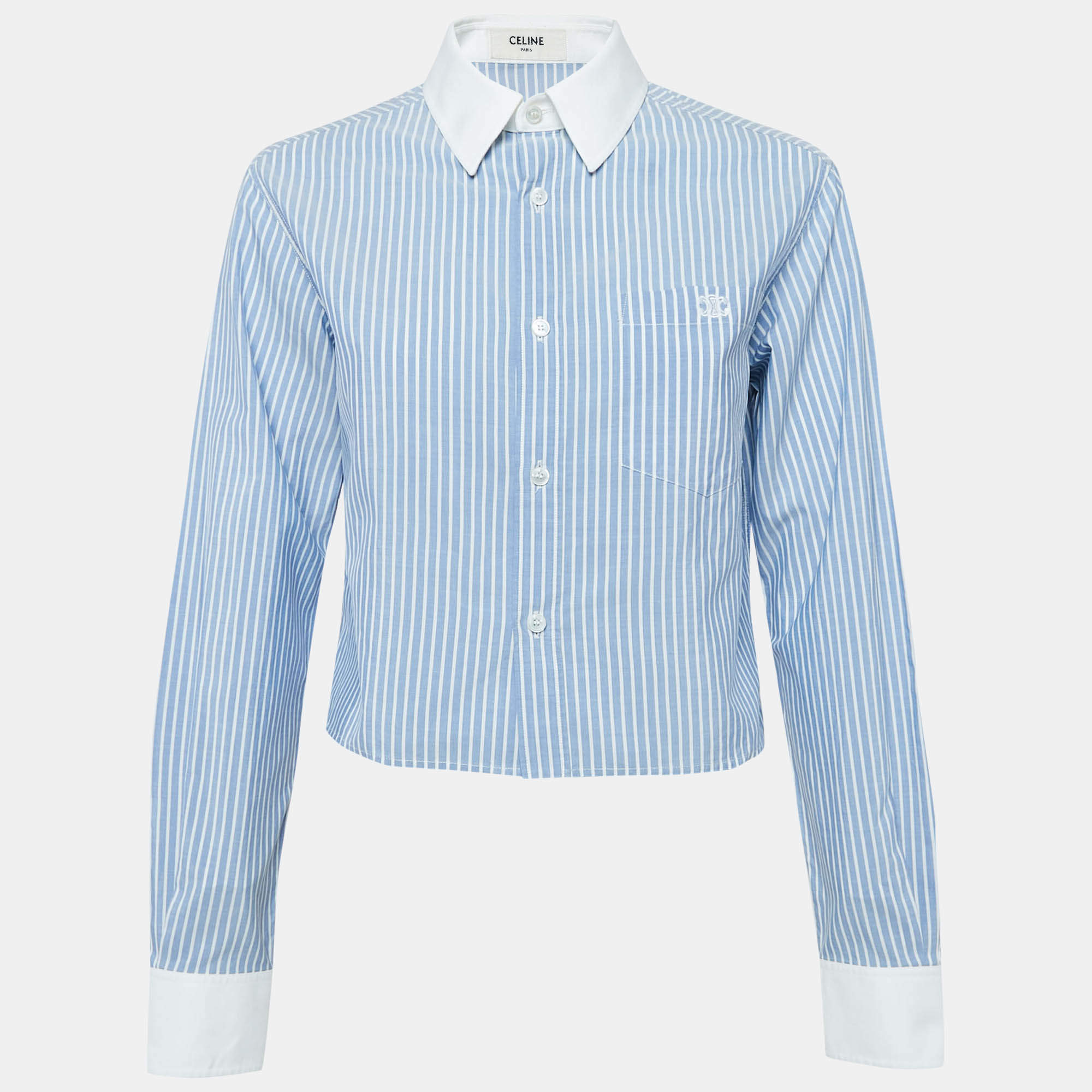 Celine Blue Striped Cotton Button Front Crop Shirt S