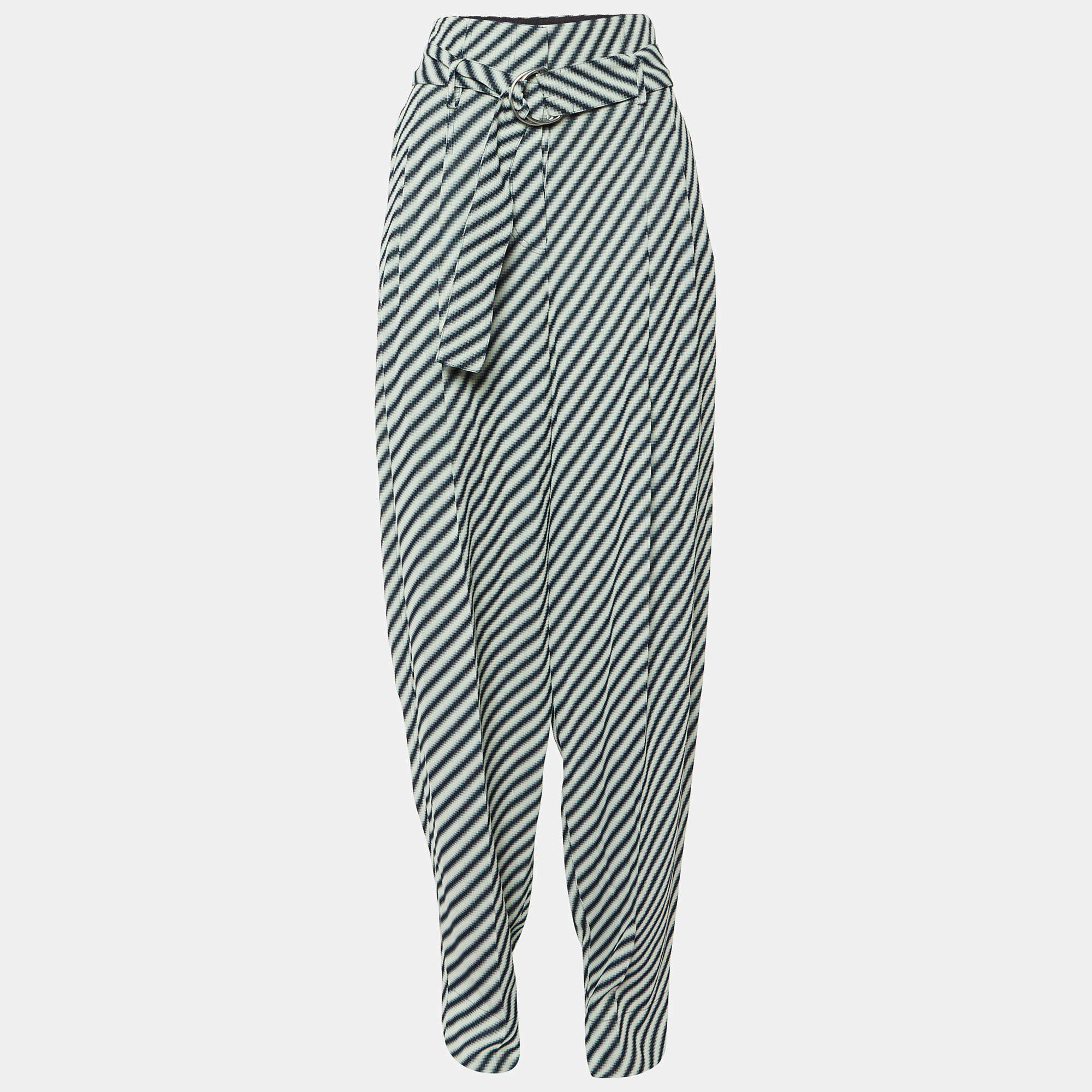 Pre Owned Celine Ecru/Black Diagonal Pattern Textured Pleated Trousers M