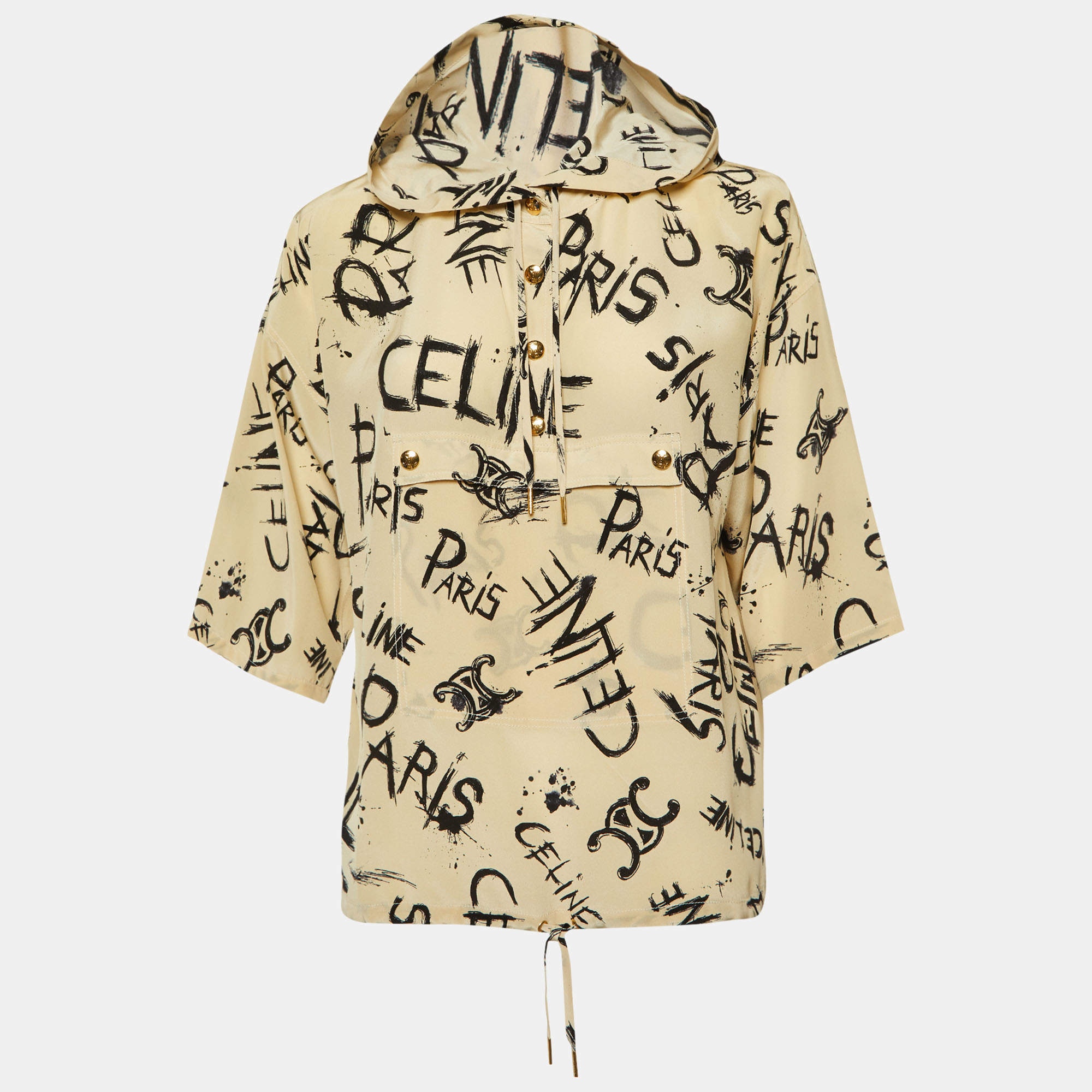 Celine Beige Logo Scribble Print Silk Hooded Blouse S