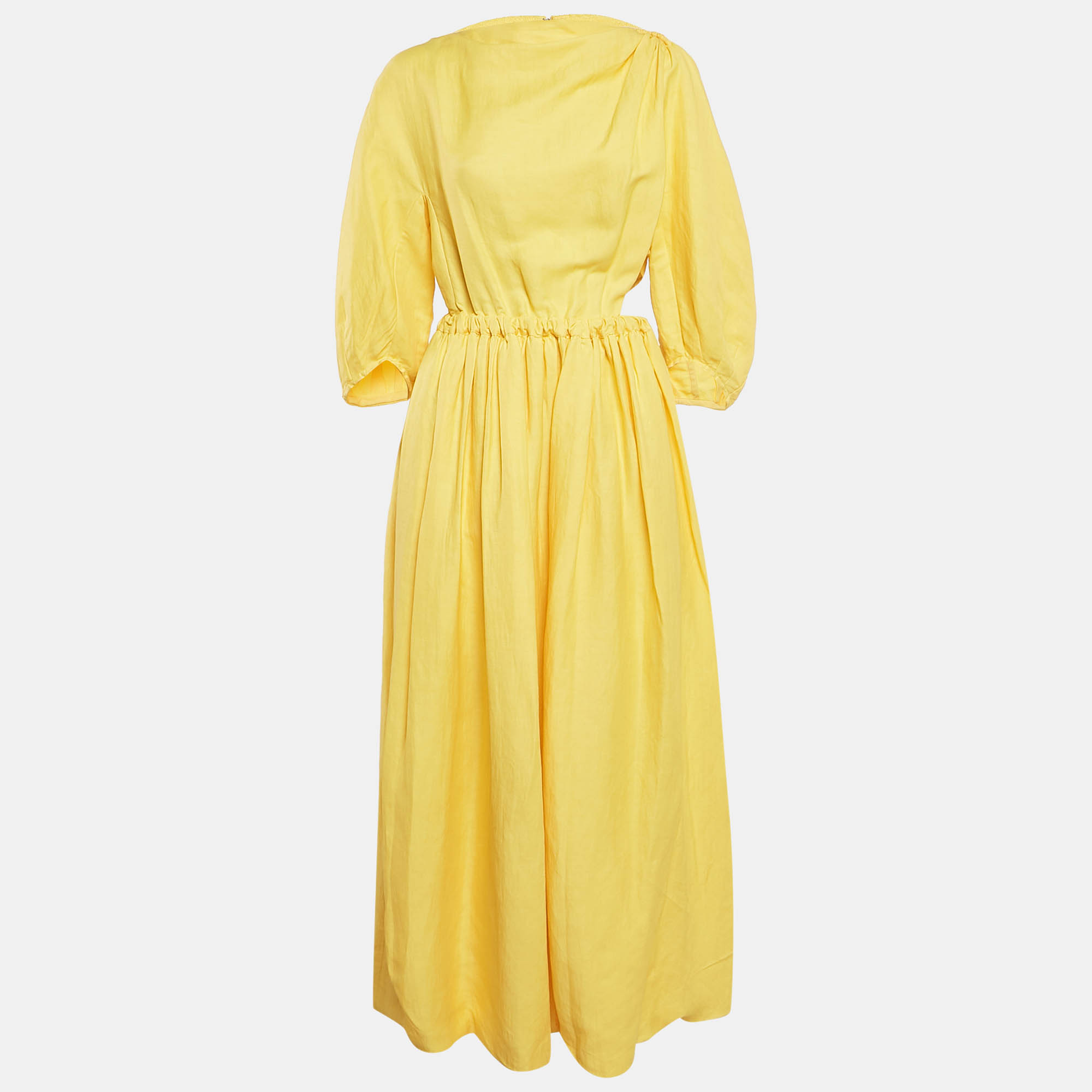 Celine Yellow Linen Blend Pleated Cut-Out Maxi Dress M