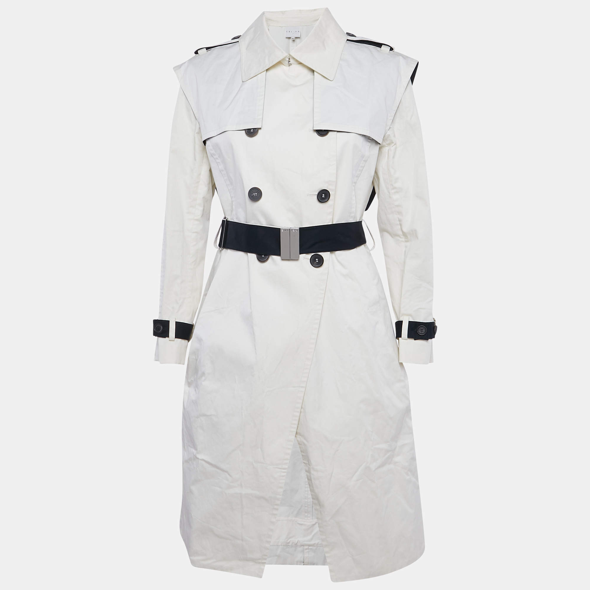 Pre Owned Celine White Cotton Blend Double Breasted Trench Coat L