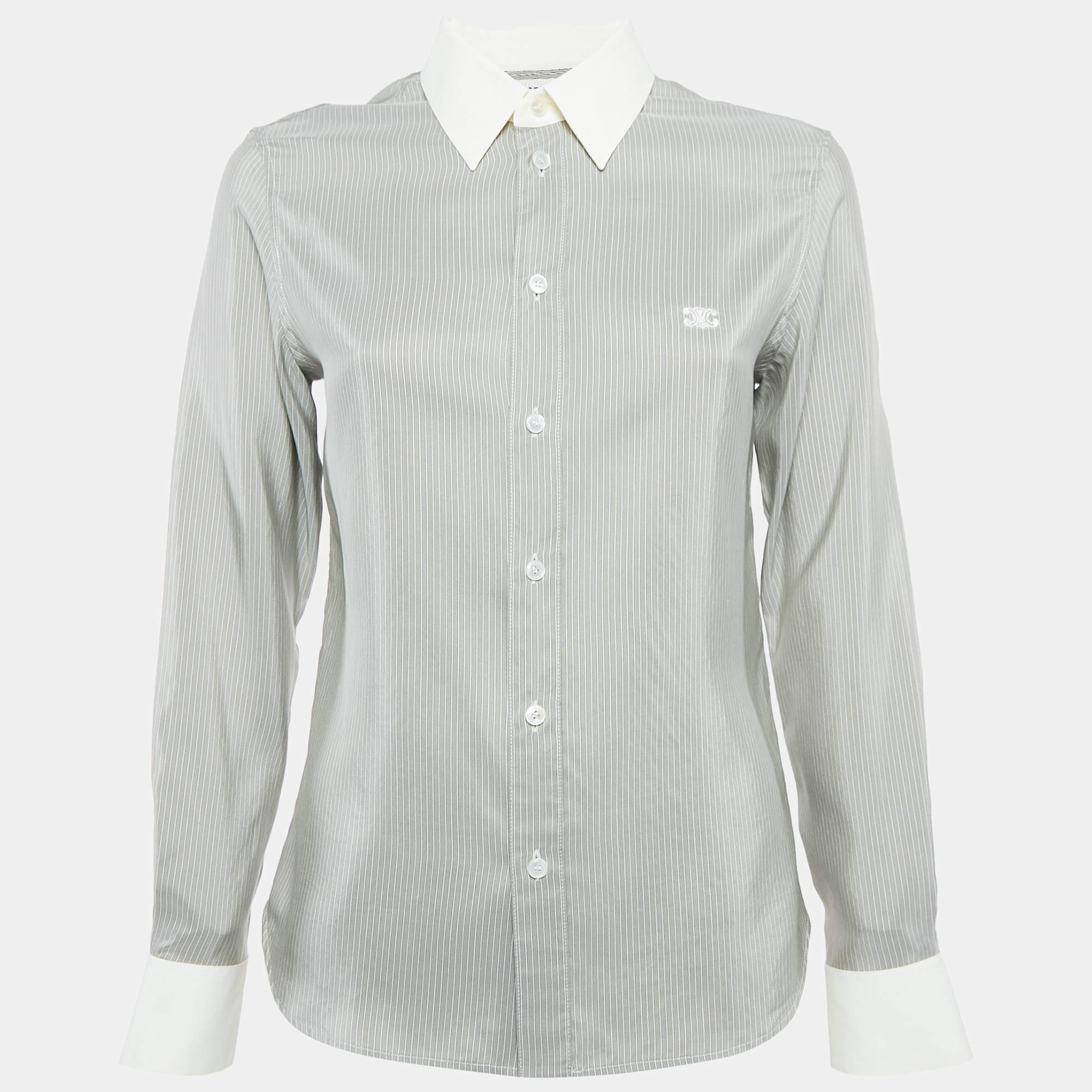 Celine Grey Striped Silk Button Front Shirt S 