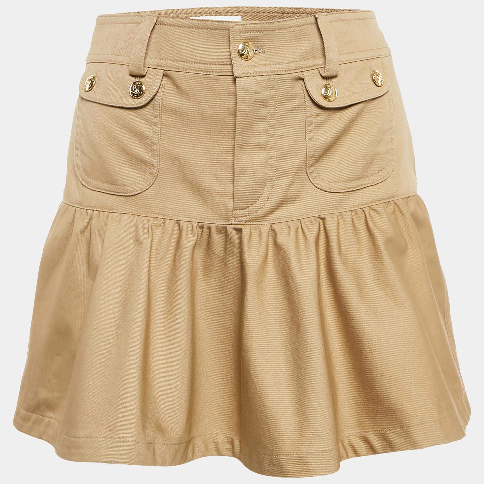 Celine Brown Cotton Flared Mini Skirt S