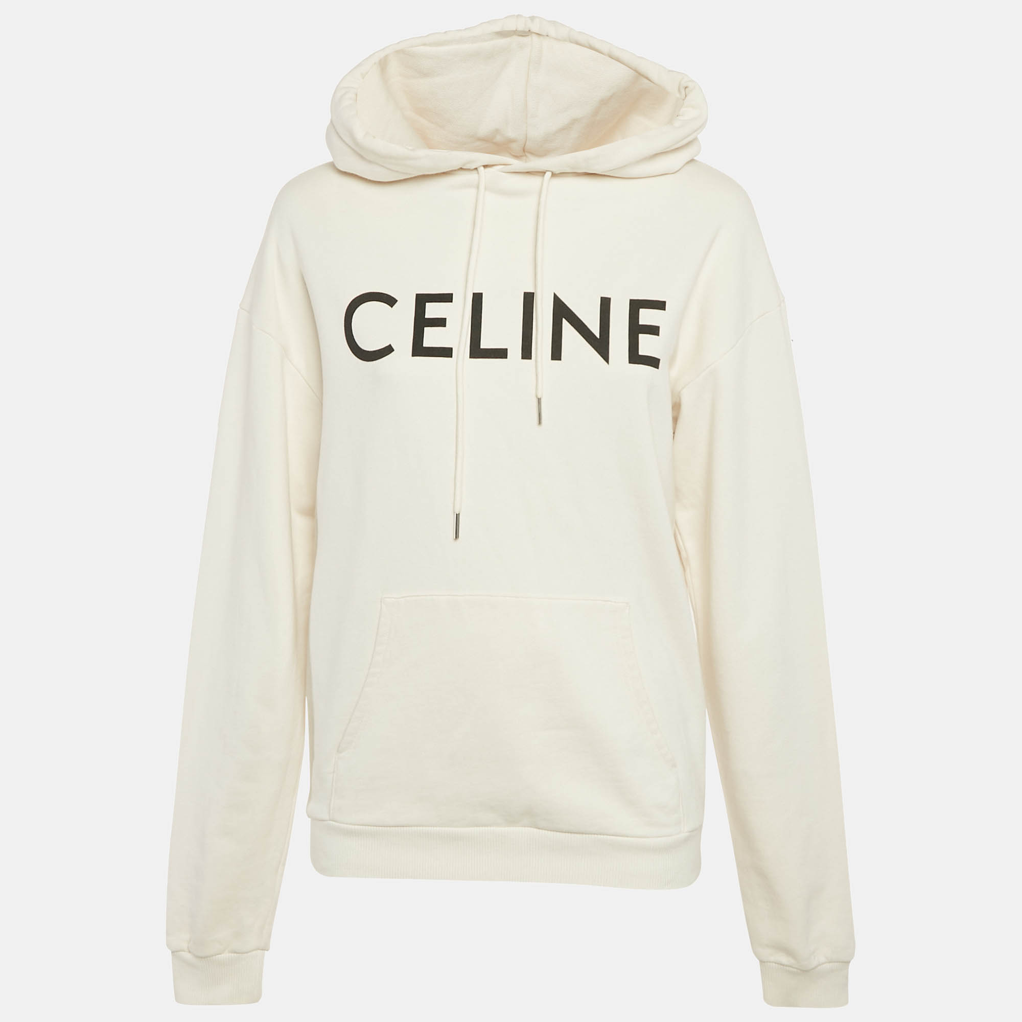Pre Owned Celine Off-White Logo Print Cotton Knit Hoodie XS