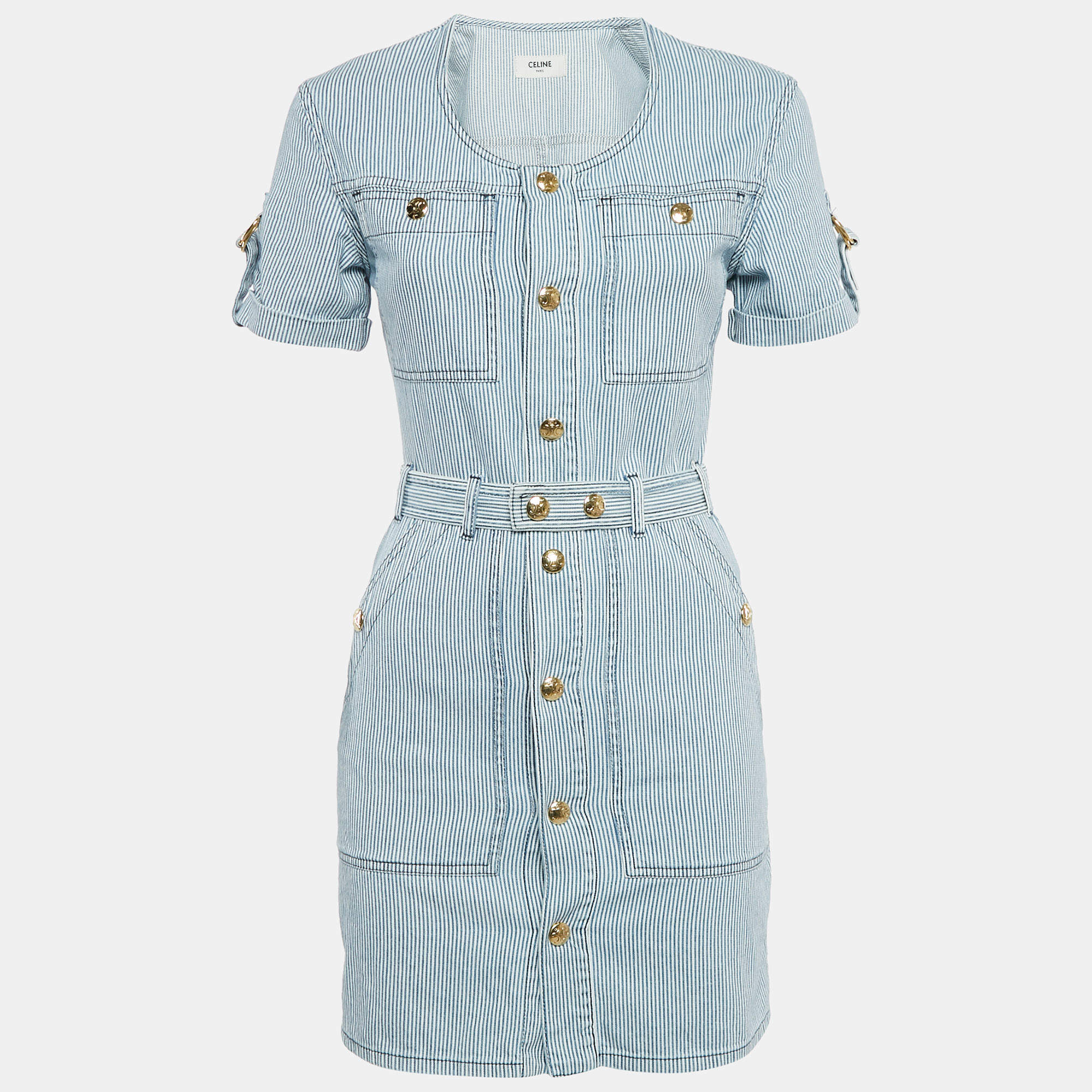 Celine Blue/White Stripe Cotton Button Front Belted Trapeze Mini Dress XS