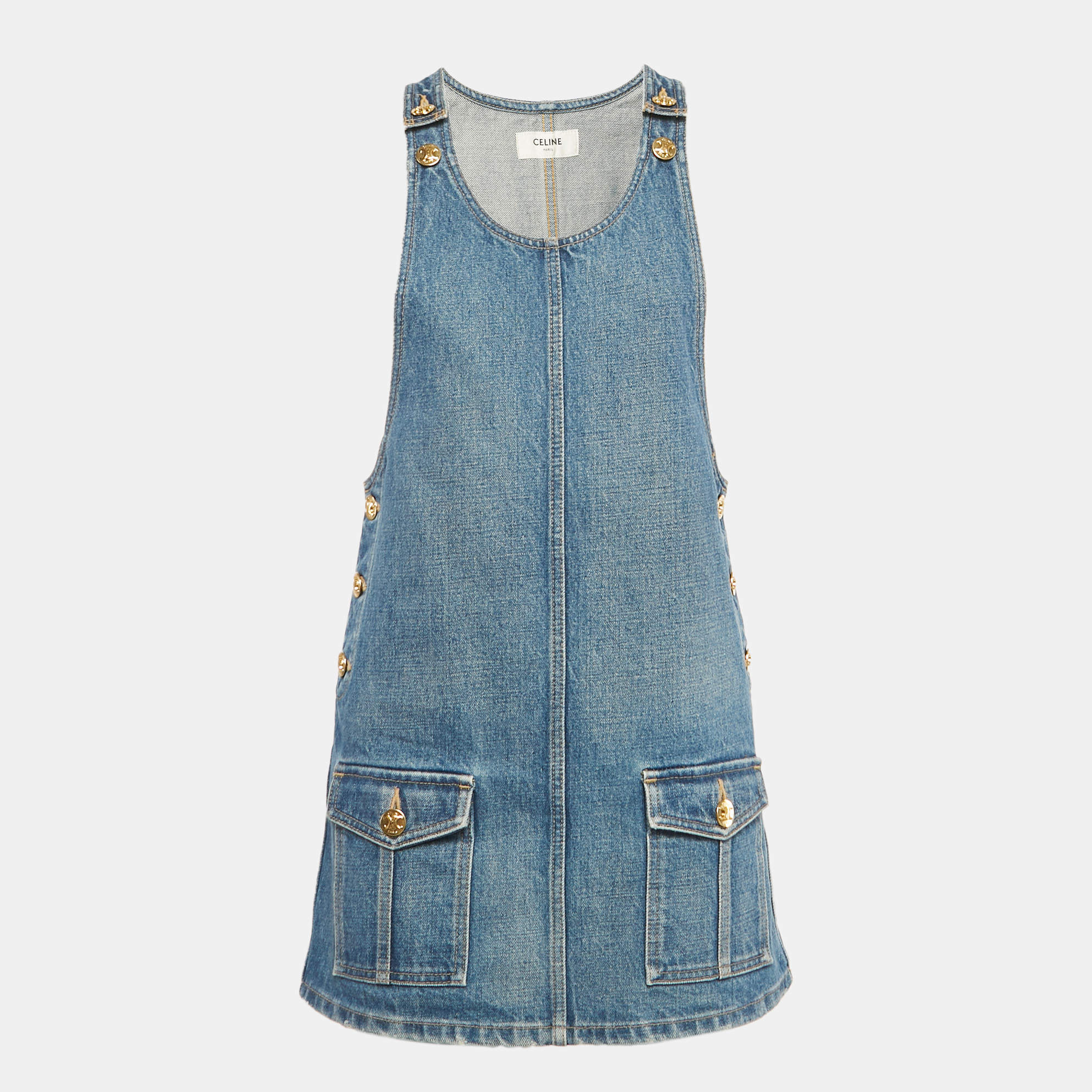 Celine Blue Washed Denim Mini Dungaree Dress XS