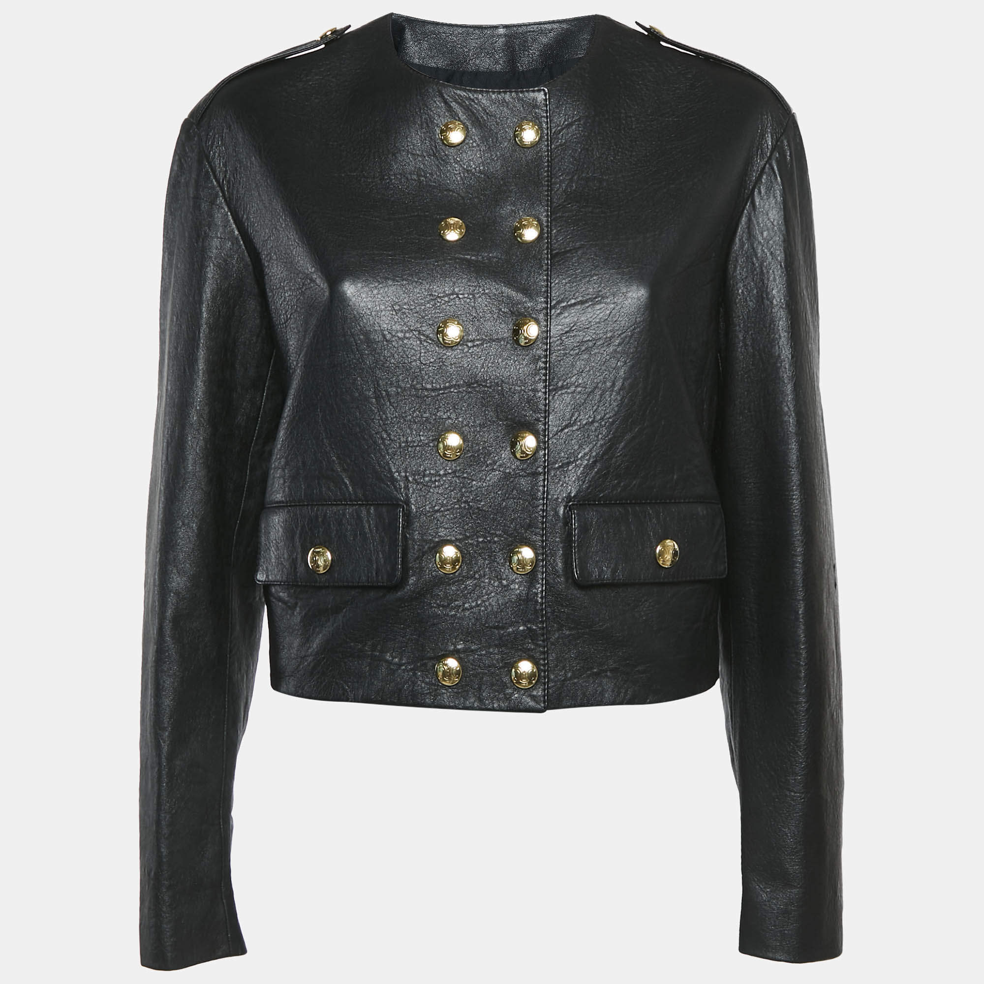 Pre Owned Celine Black Leather Doble Breasted Jacket S