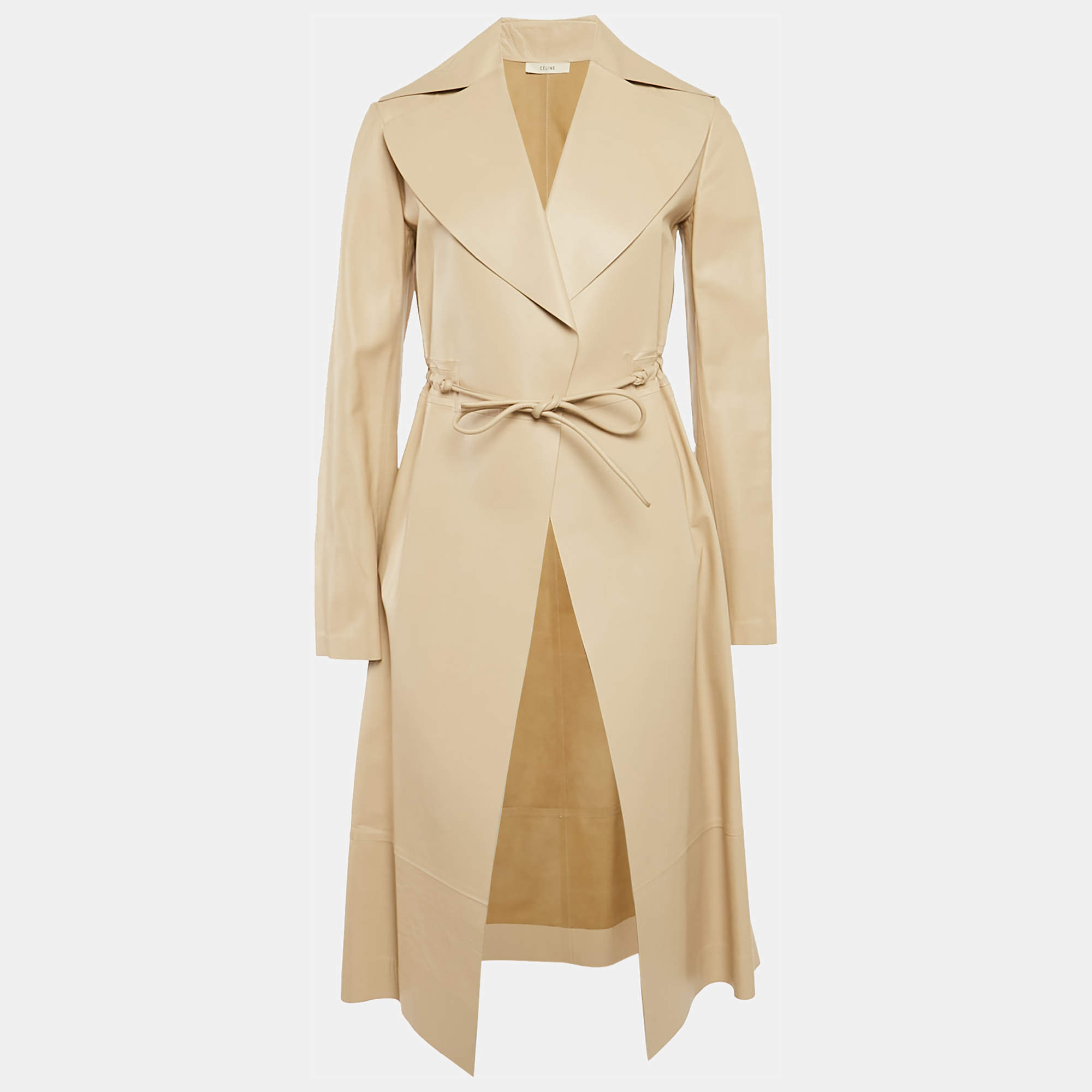 Pre Owned Celine Beige Leather Drawstring Detail Coat S
