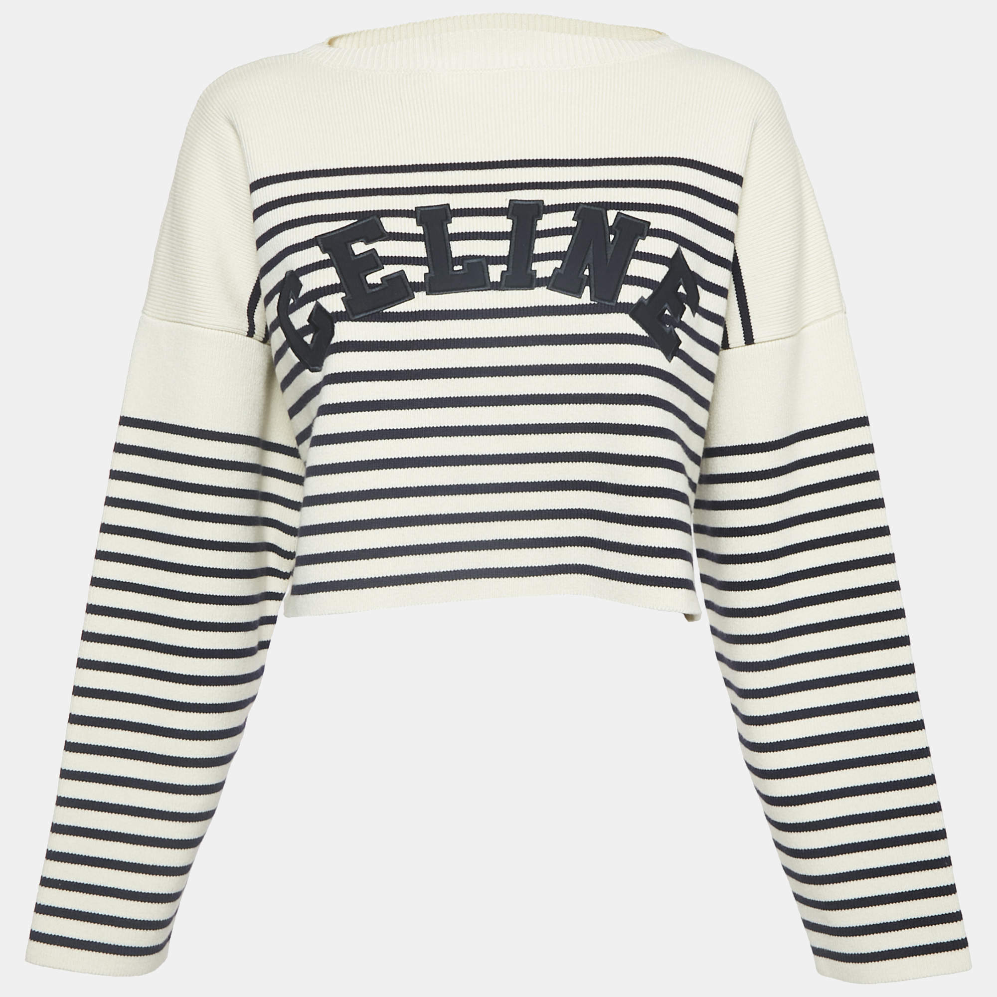 Pre Owned Celine Striped Cotton Rib Knit Cropped Sweater S