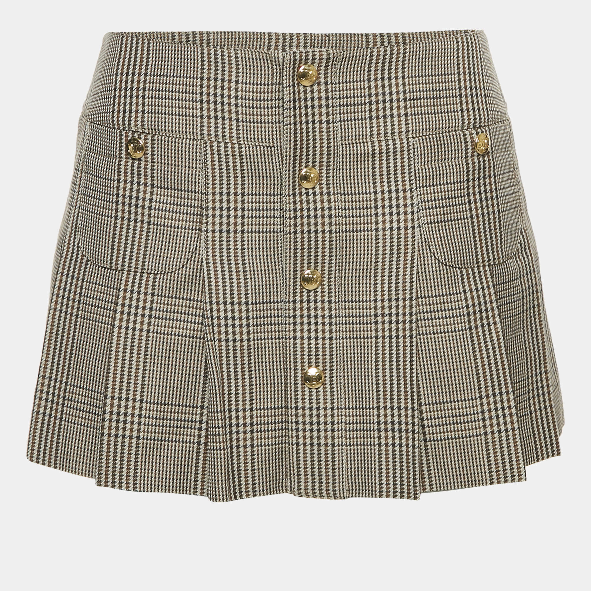 Celine Brown Checks Linen Pleated Bandeau Mini Skirt S