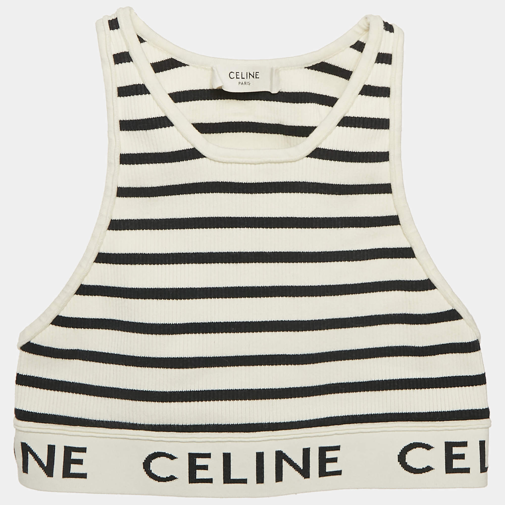 Celine White/Black Striped Rib Knit Tank Crop Top XS