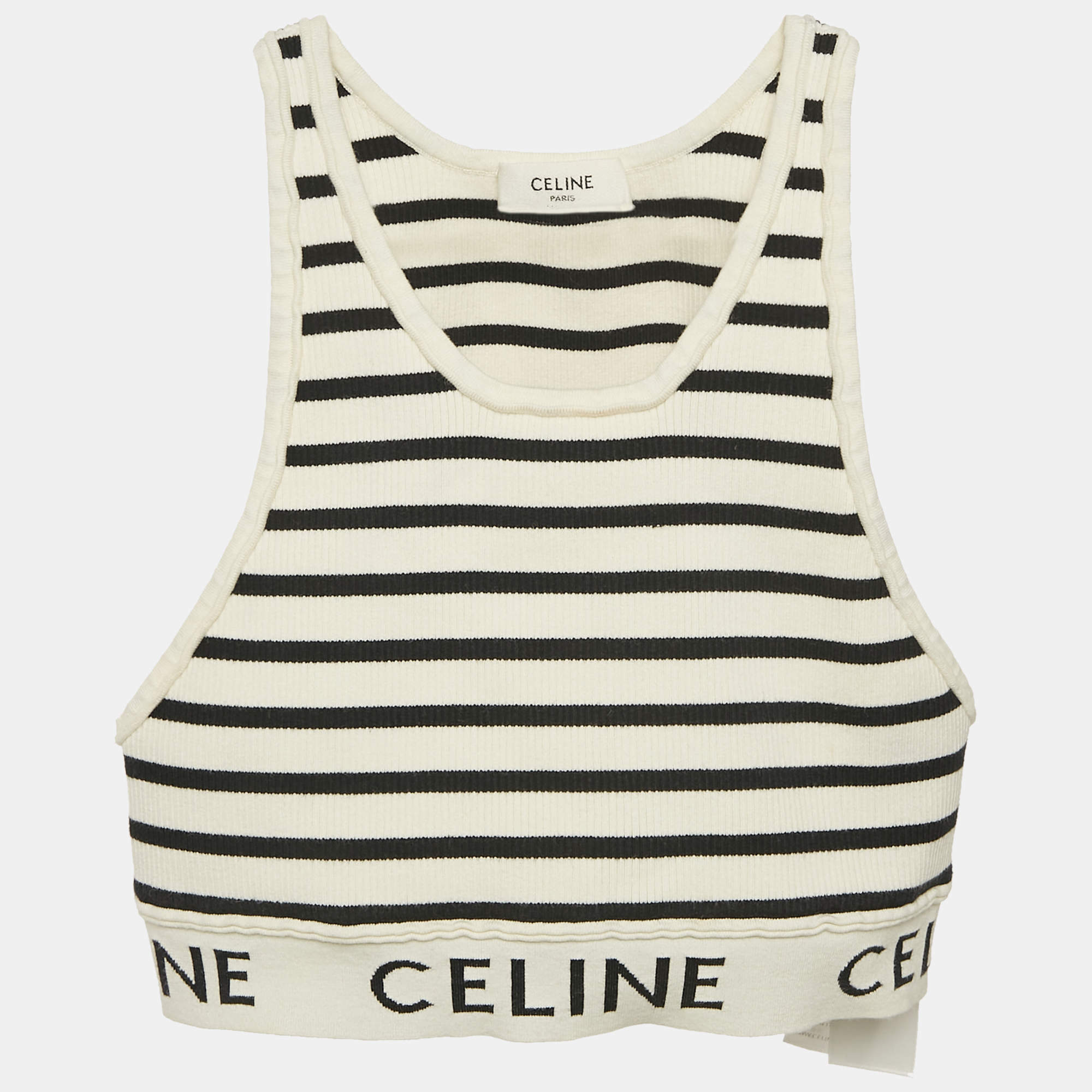 Pre Owned Celine White Striped Stretch Knit Crop Top S