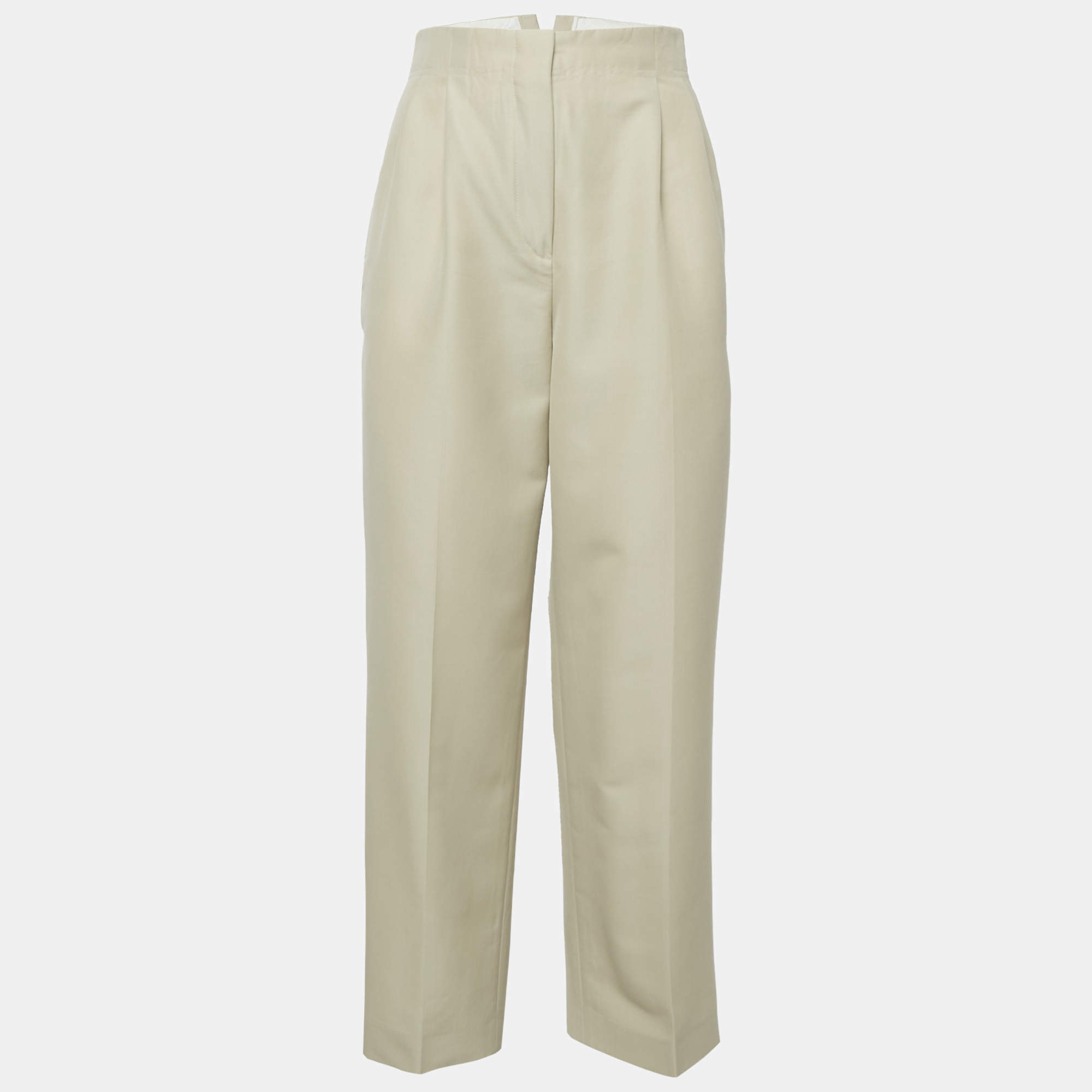 Pre Owned Celine Beige Wool Pleated High Rise Trousers S