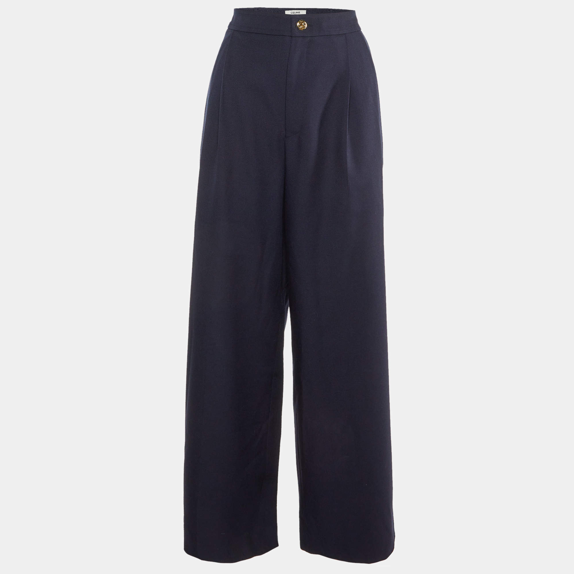 Celine Navy Blue Wool Gabardine Pleated Wide Leg Pants L