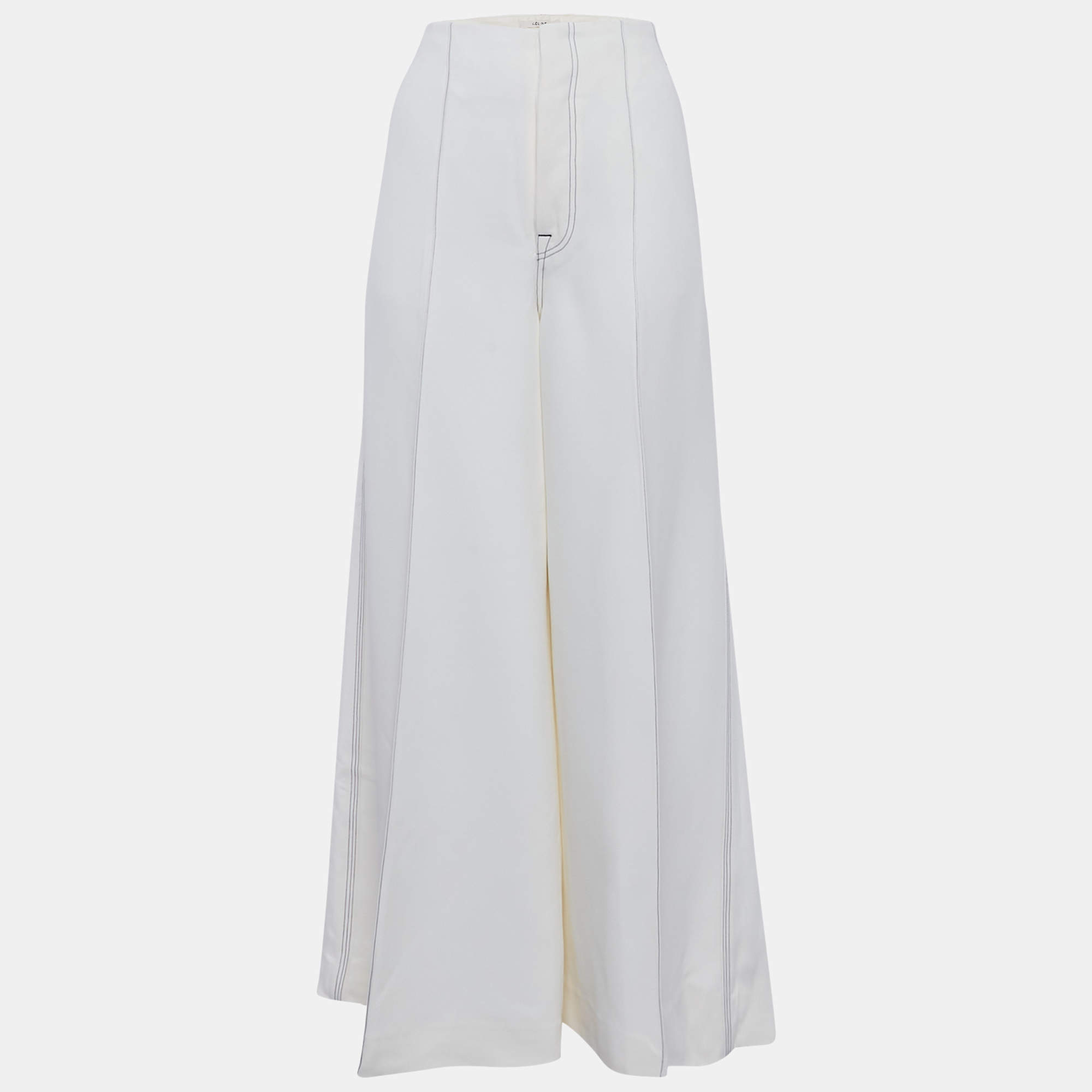 Celine Ivory Crepe Contrast Stitch Flared Trousers M
