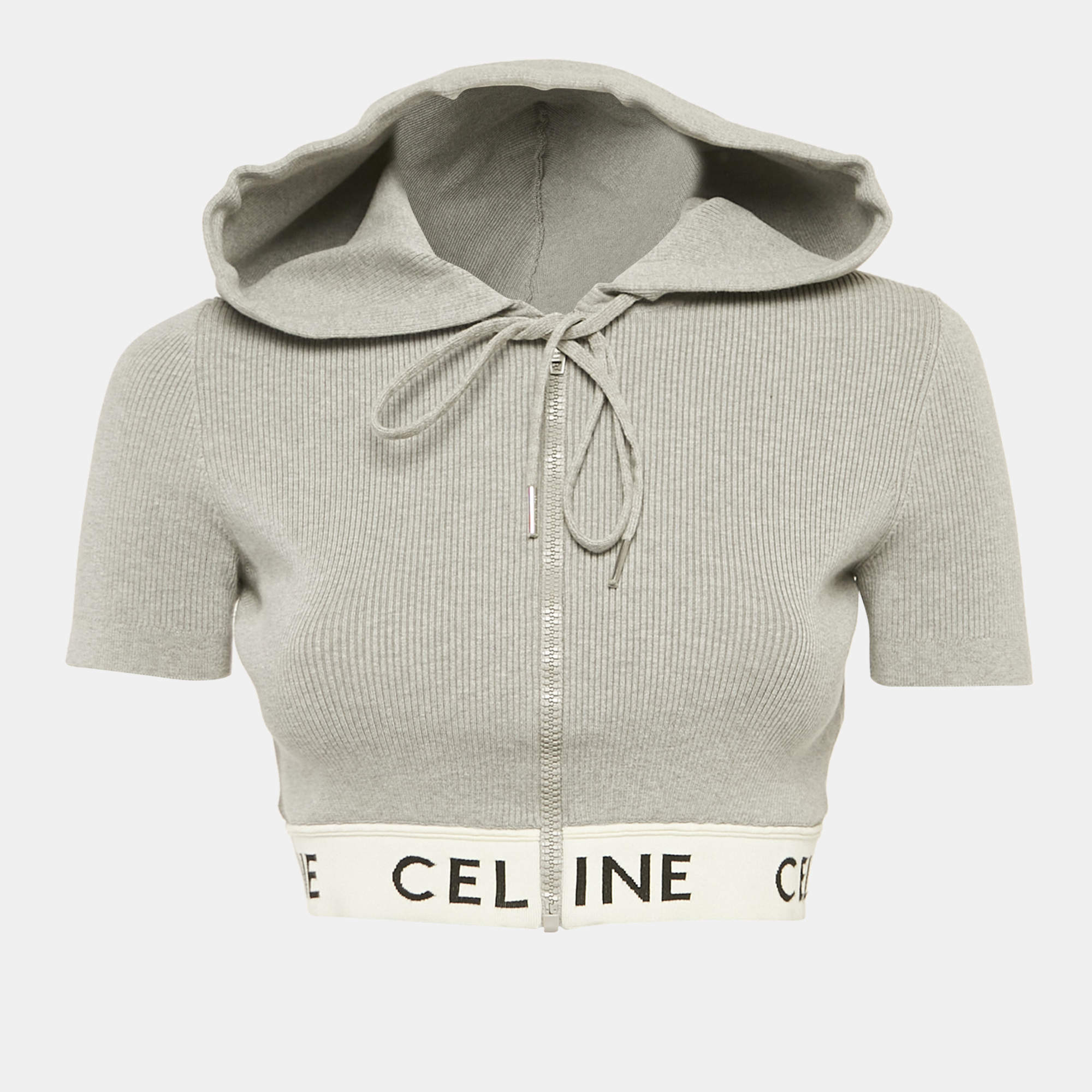 مملوكة مسبقًا Celine Grey Stretch knit Hooded Crop Top M